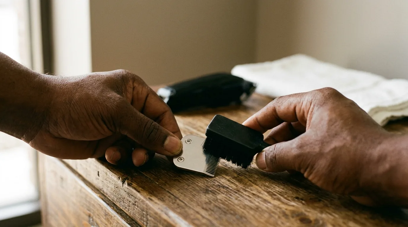 A barber brushing hair from a clipper blade