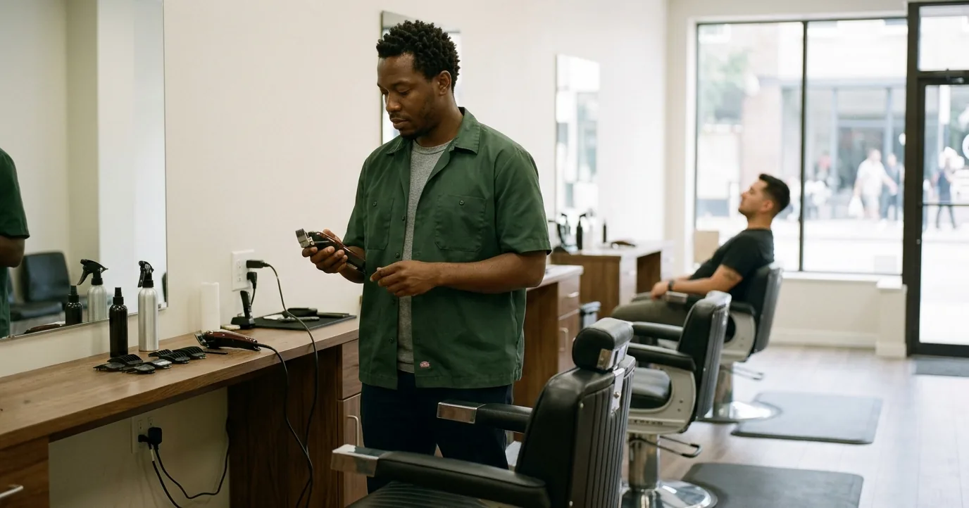 A barber holding clippers beside his station