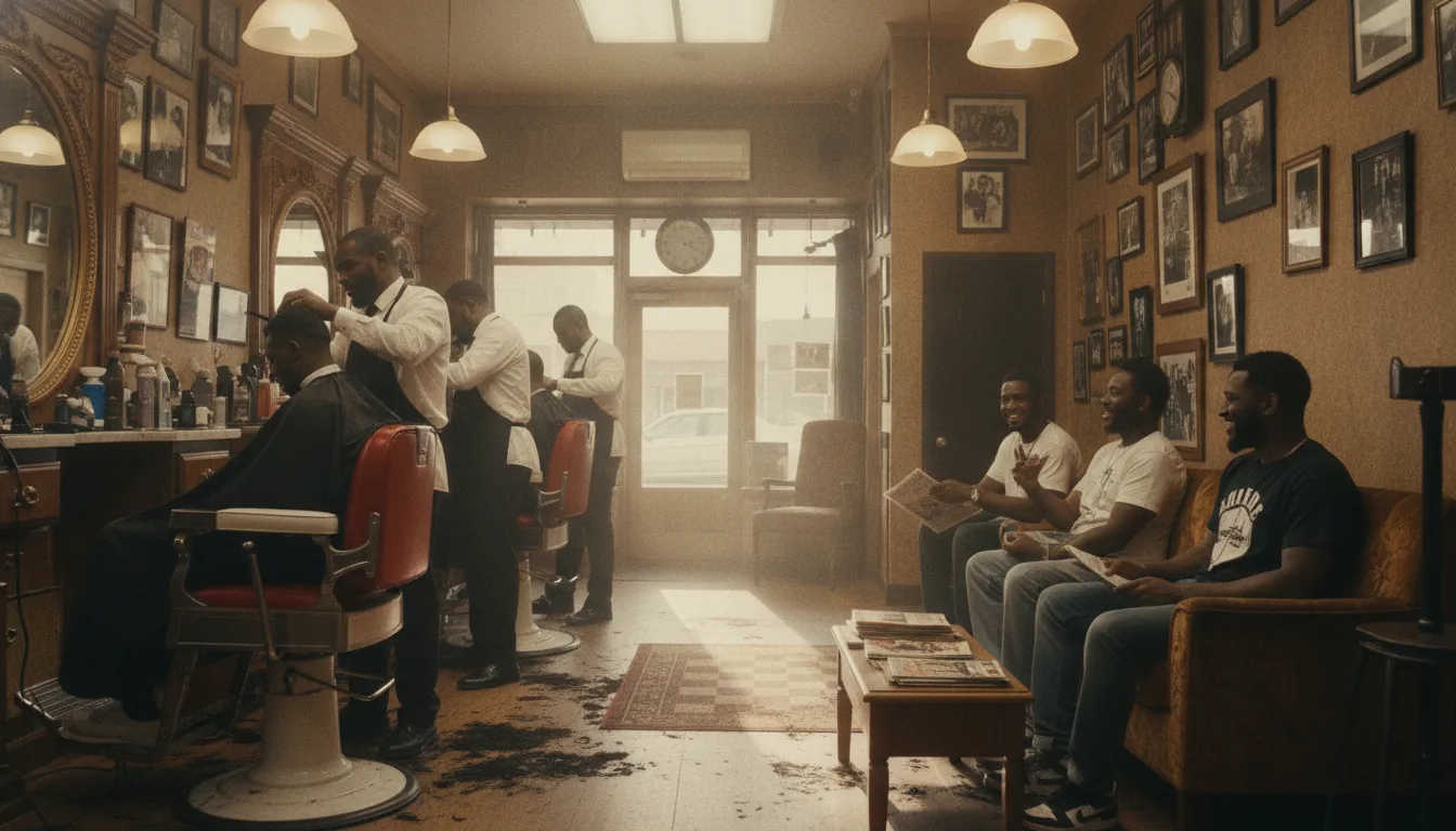 Wide view of a lively Black barbershop full of barbers and clients talking, with a strong sense of community.