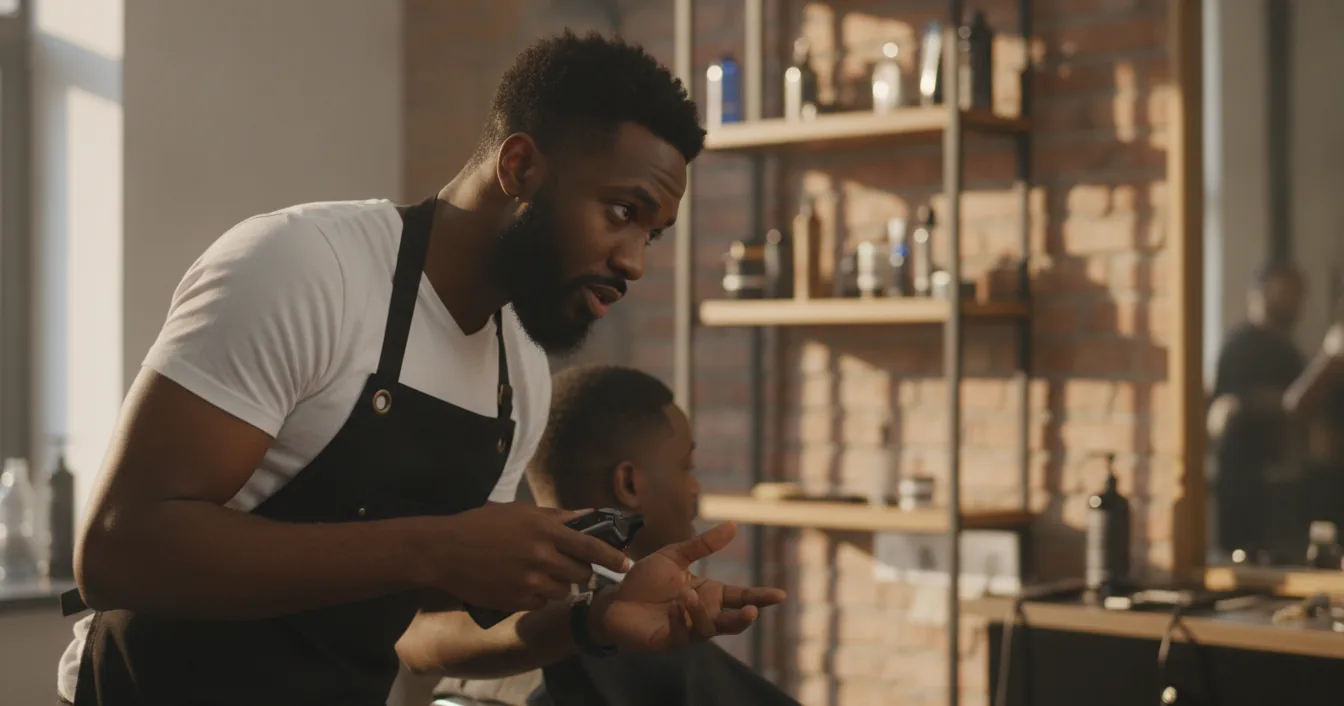 A Black barber listening closely to a client seated in the chair during a haircut in a warm, modern barbershop.