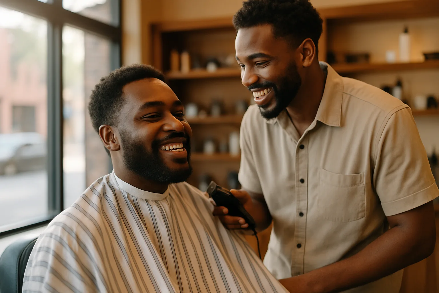 Two Black men share a warm, upbeat conversation in a barbershop, the client smiling in the chair as the barber works.