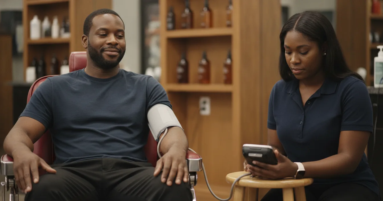 A community health worker seated on a stool reads a blood pressure monitor while a Black man relaxes in a red barber chair with a cuff on his arm.
