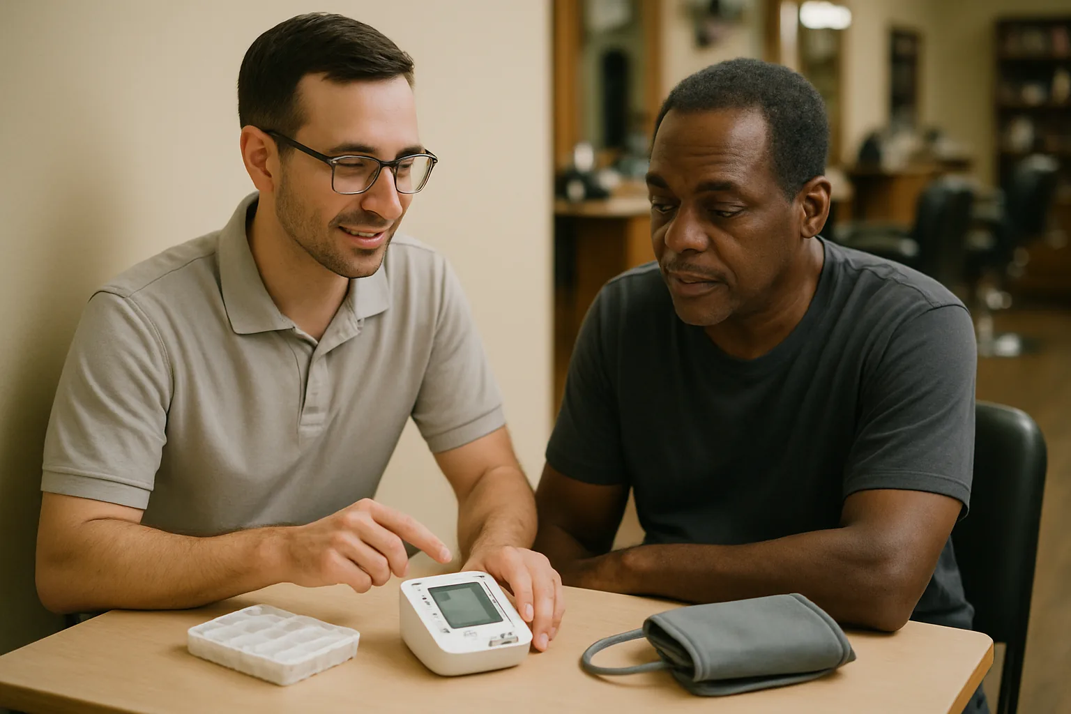 A pharmacist and a Black client sit together at a small table in a barbershop, reviewing a reading on a digital blood pressure monitor.