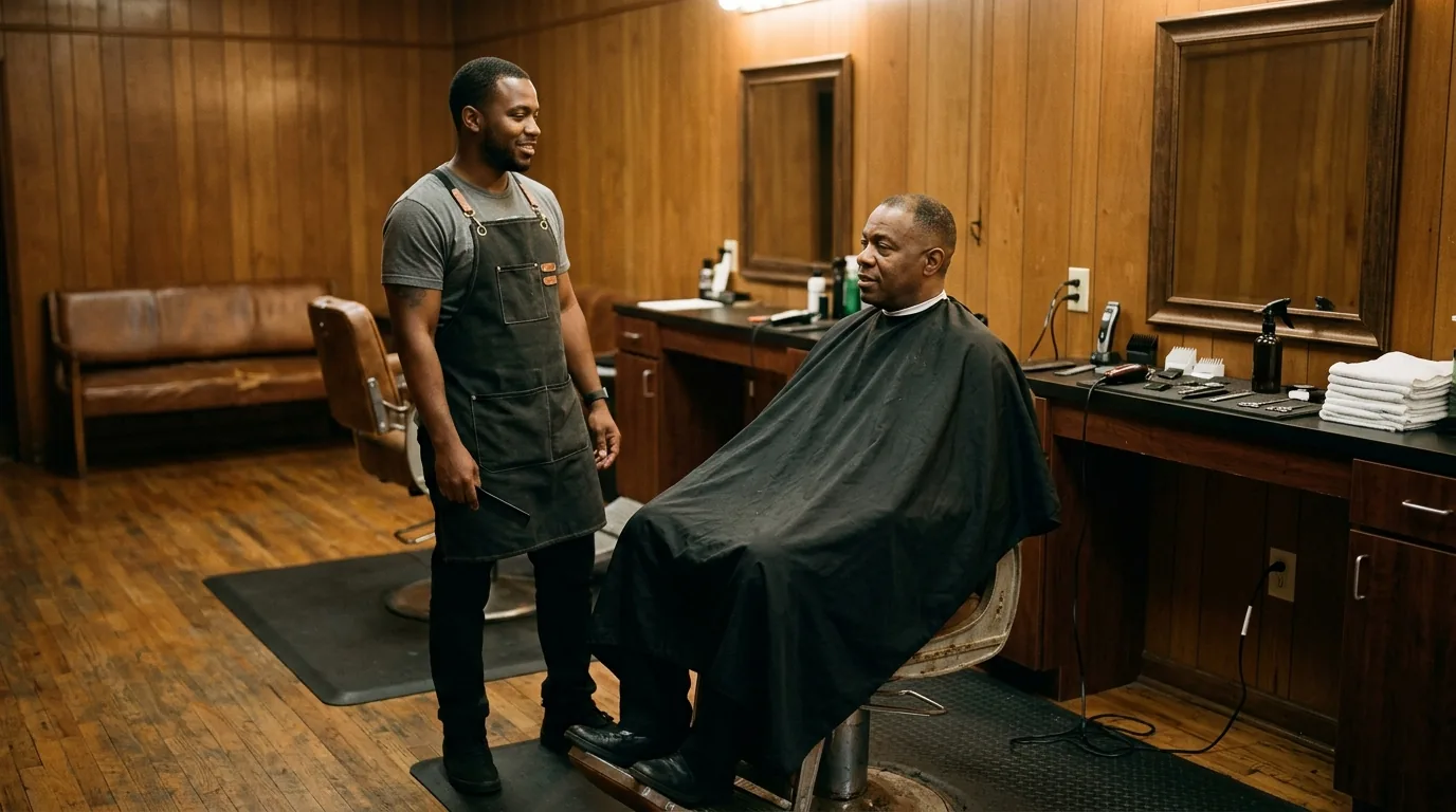 Barber in an apron talking with a caped client in the chair