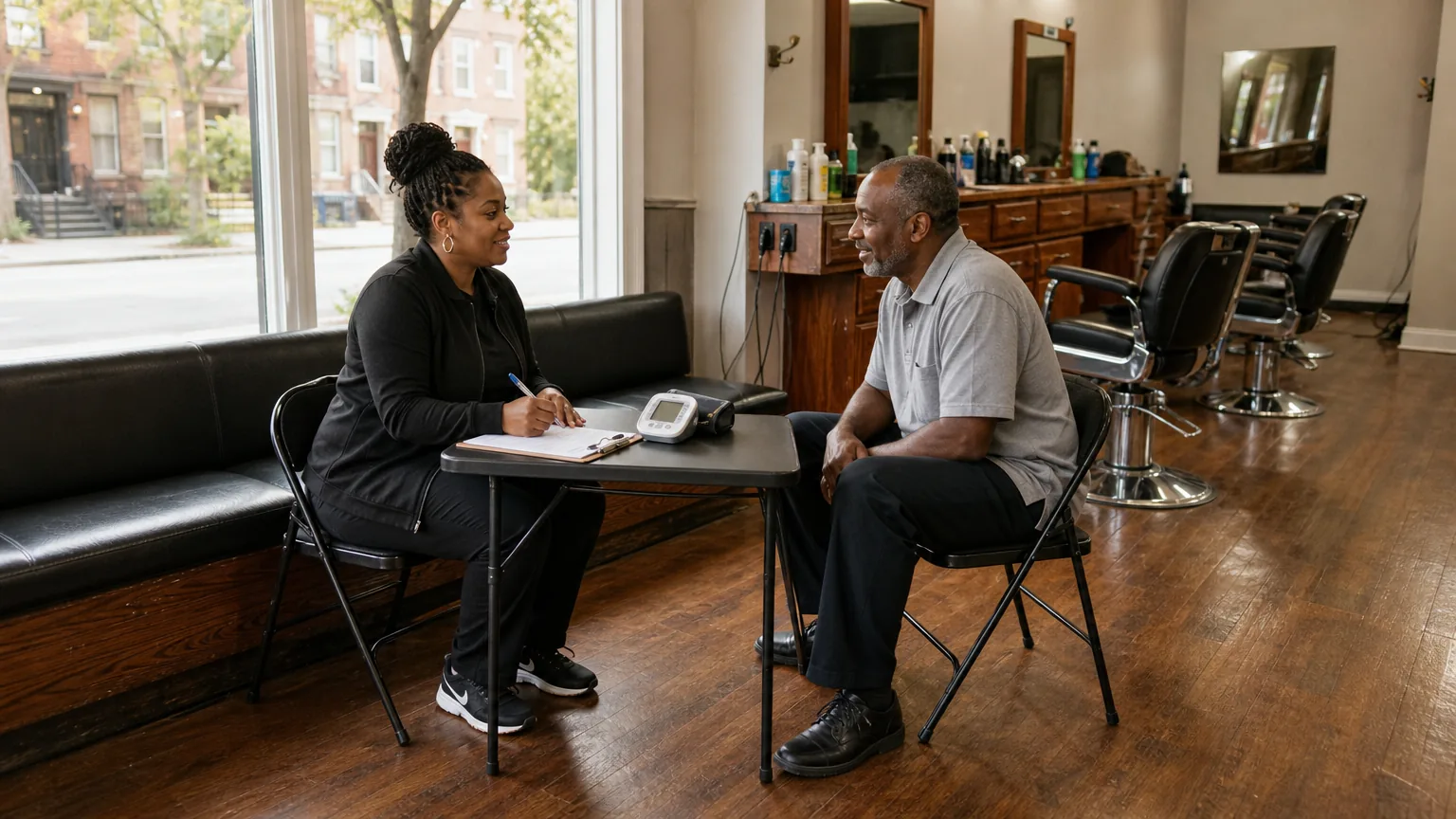 A man and a health worker at a folding table in a barbershop
