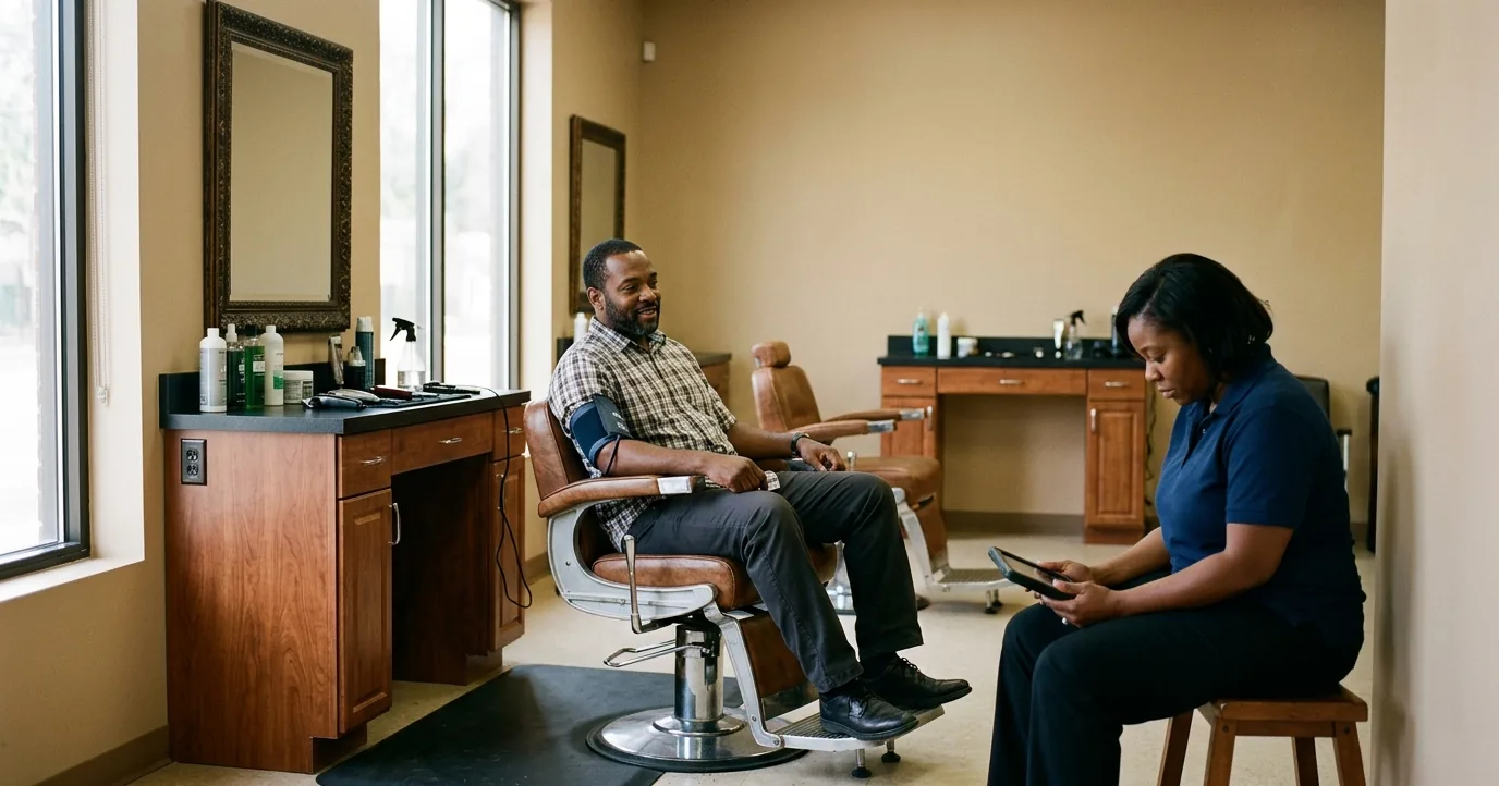 Health worker and a man with a blood pressure cuff in a barbershop