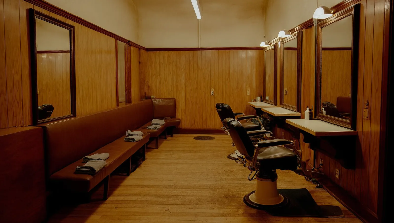 Empty barber chairs in a closed shop at night