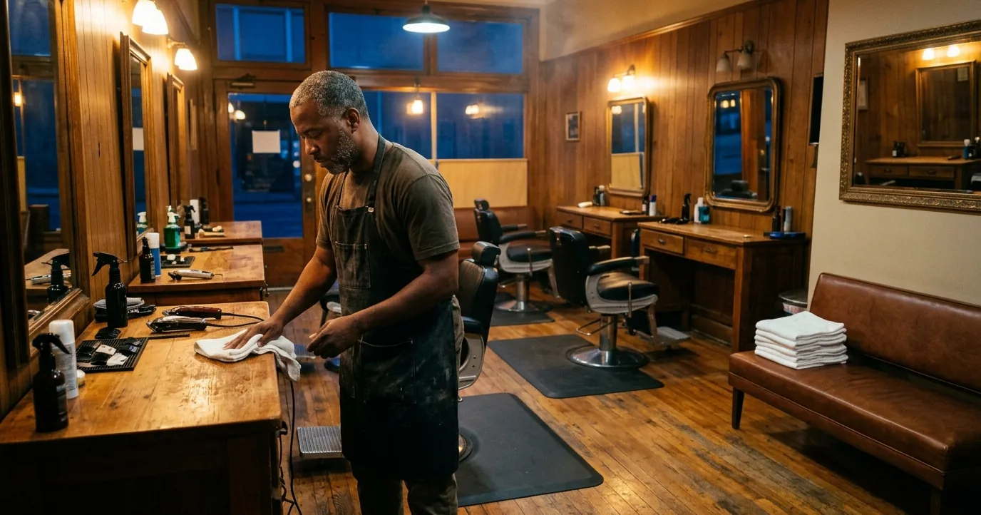 A barber wiping down his station at closing time