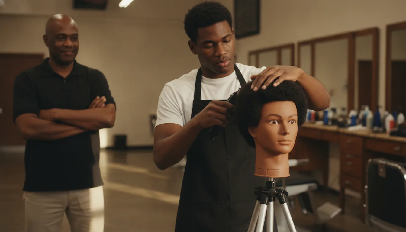 A young barbering apprentice practices a fade on a mannequin head while an older barber stands a step to the side, observing.