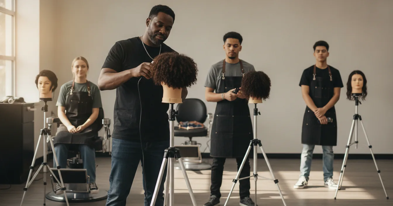 A Black barber instructor demonstrating clipper work on a textured-hair practice head while students watch from their own stations in a barber school classroom.
