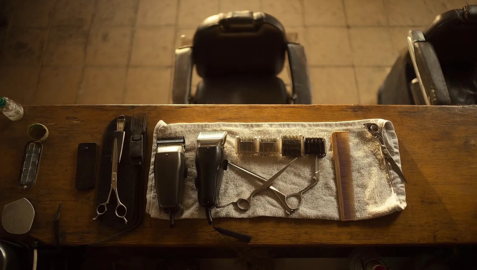 A barber's clippers, guards, shears, and comb laid out on a folded towel at a wooden station counter.