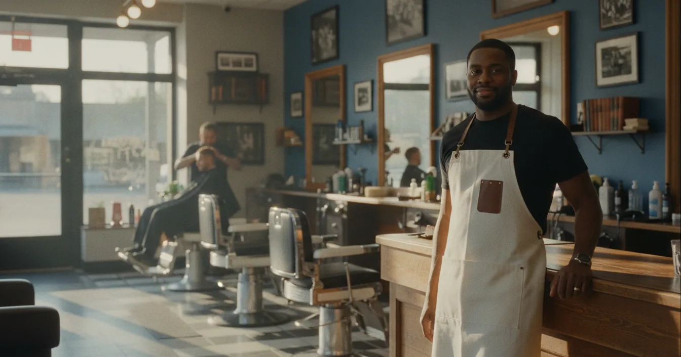 A Black barbershop owner stands at the front counter of his warm, well-kept shop with barbers working at stations in the softly blurred background.