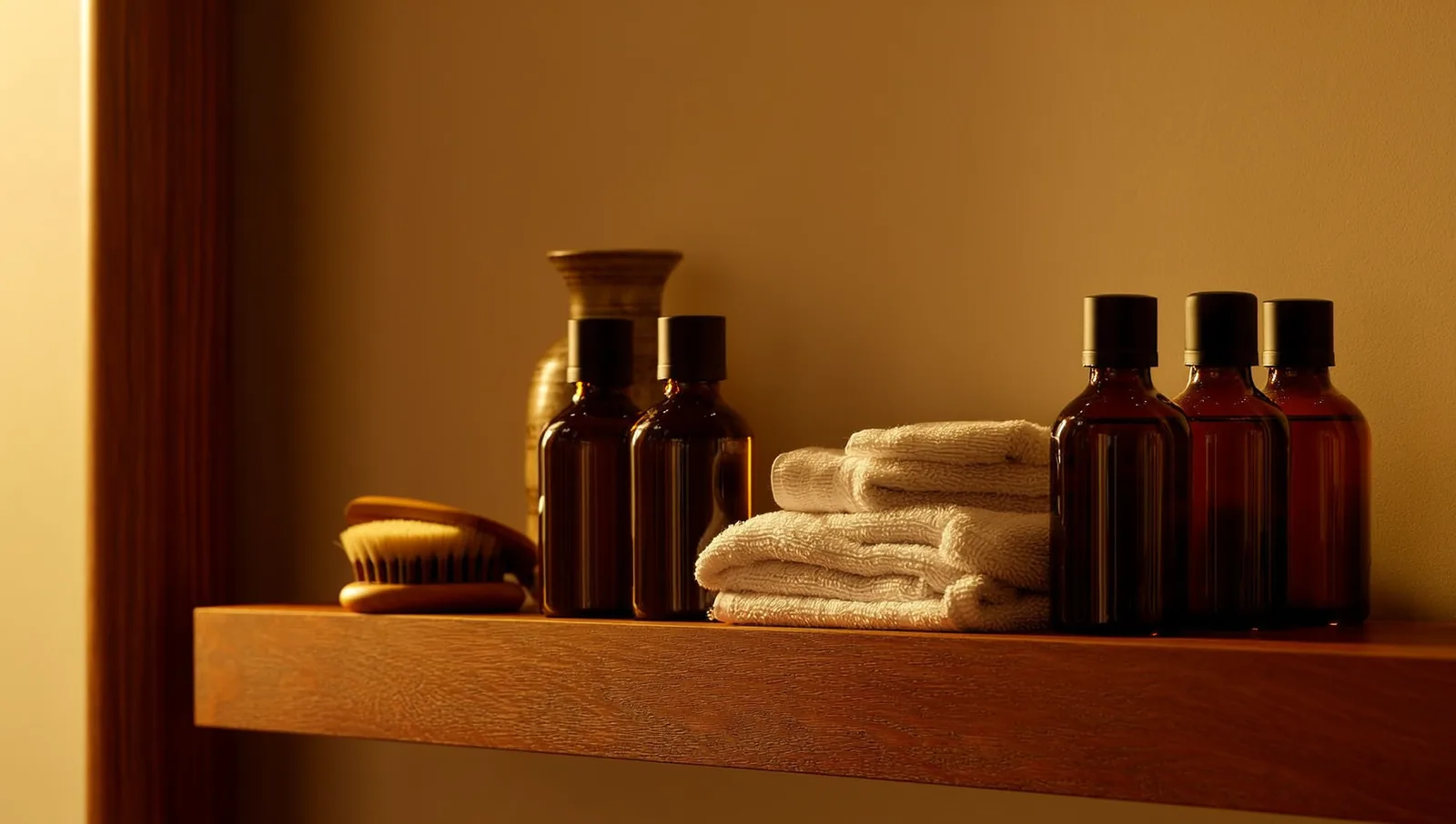A barbershop retail shelf lined with amber bottles of beard oil, jars of pomade, and folded towels in warm light.