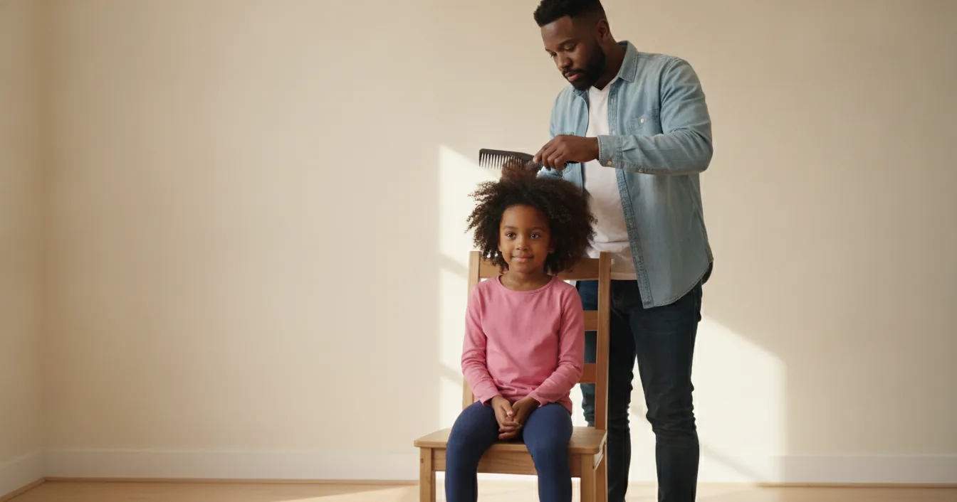 A Black father gently detangles his young daughter's coily hair with a wide-tooth comb as she sits on a wooden chair in a sunlit room.