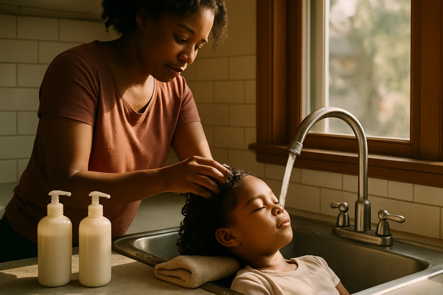 A mother rinses her young daughter's curly hair under a kitchen tap while the child rests back on a folded towel with her eyes closed.