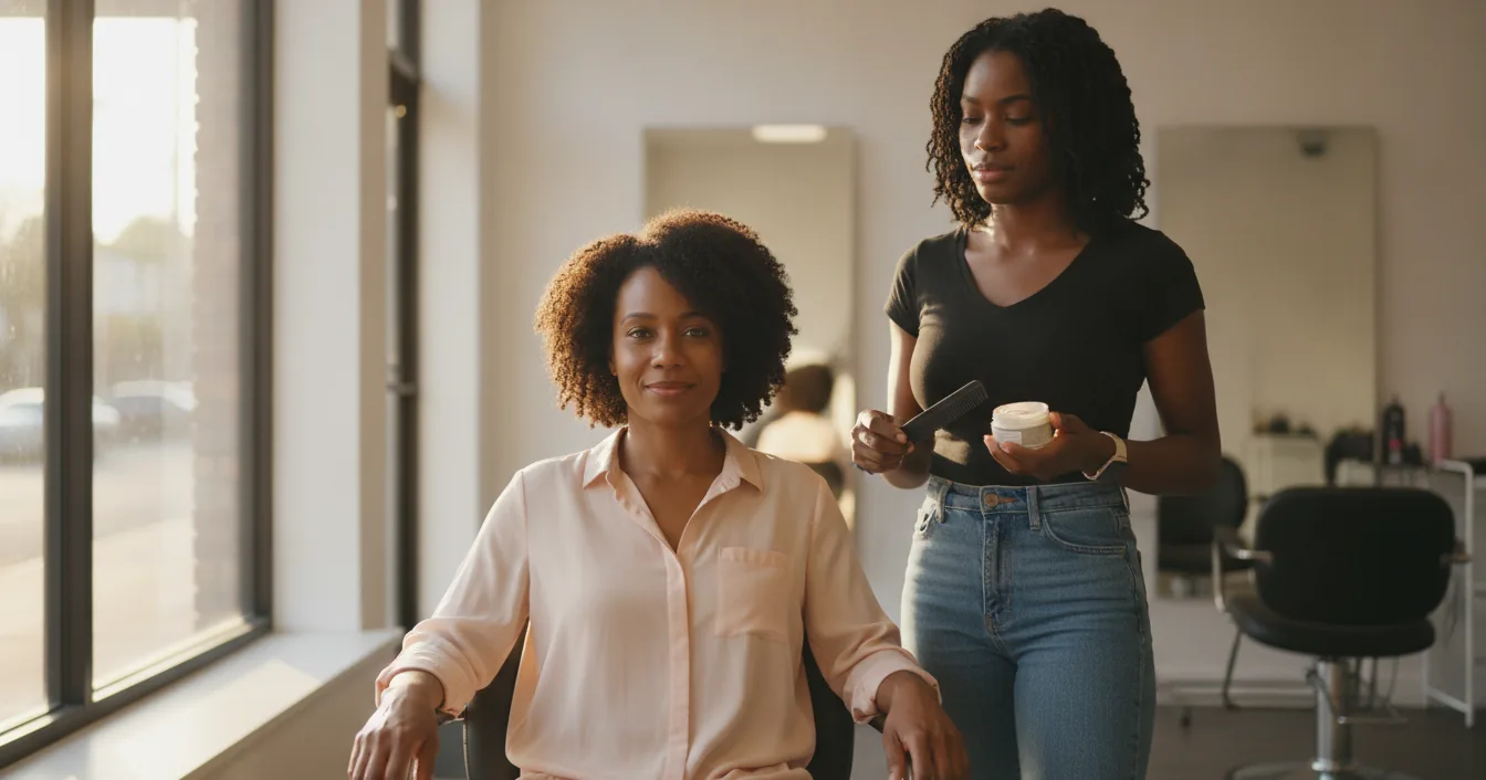 A Black woman sits relaxed in a salon styling chair while her stylist stands nearby holding a wide-tooth comb and a jar of conditioner.