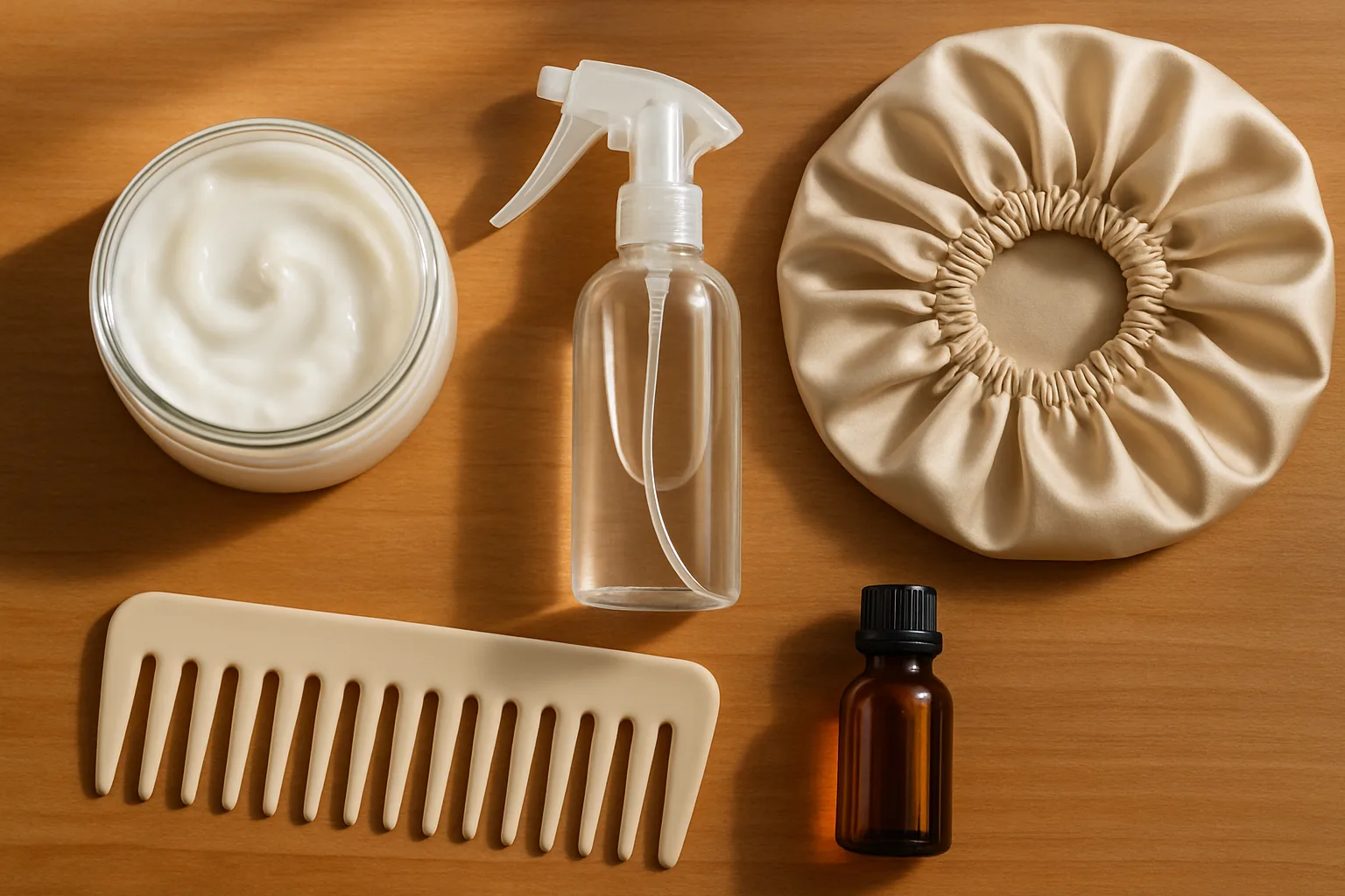 A jar of thick conditioner, a spray bottle, a wide-tooth comb, a satin bonnet and a small bottle of oil arranged on a wooden bathroom counter.