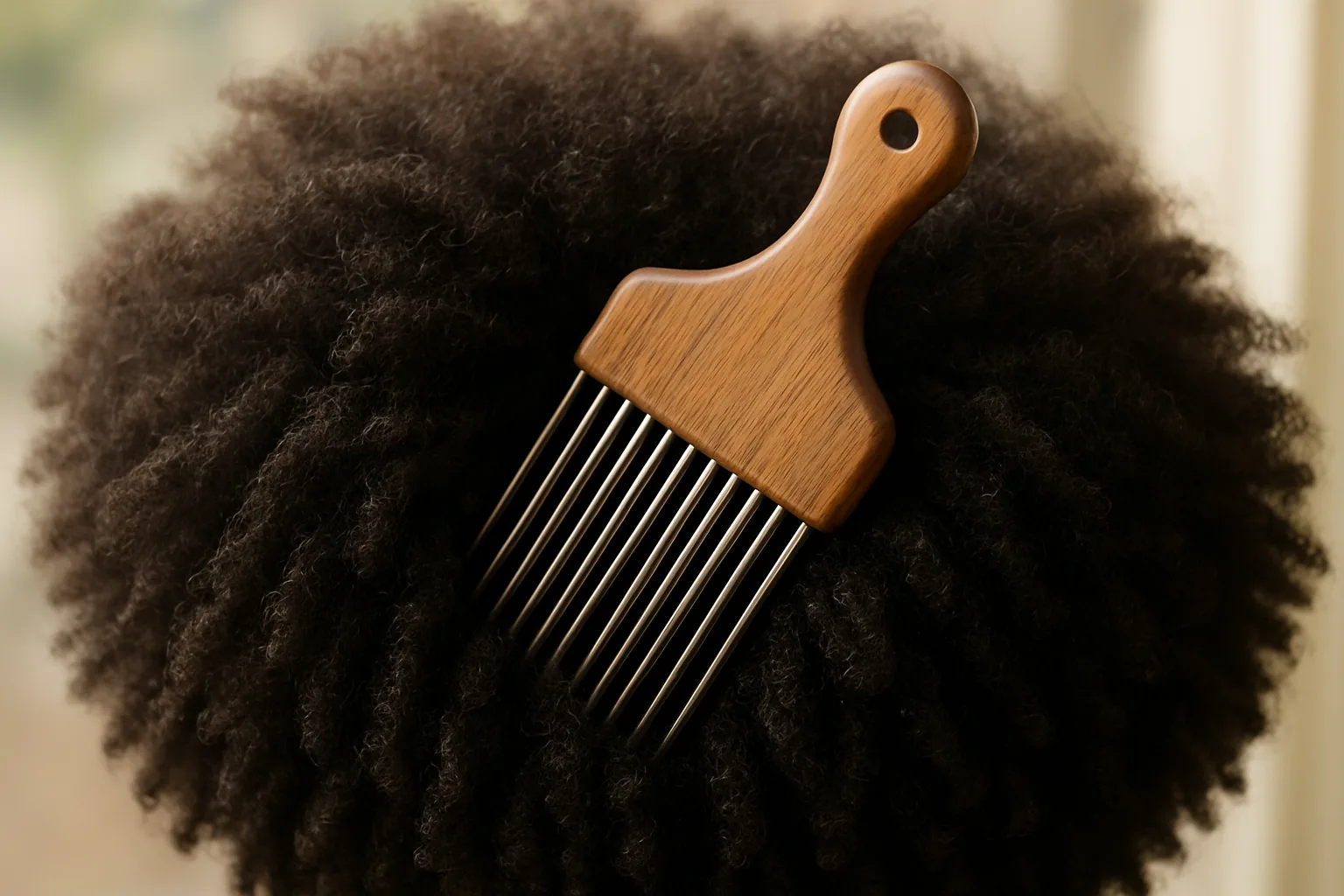 A wooden-handled afro pick resting in a full, healthy Type 4 afro.