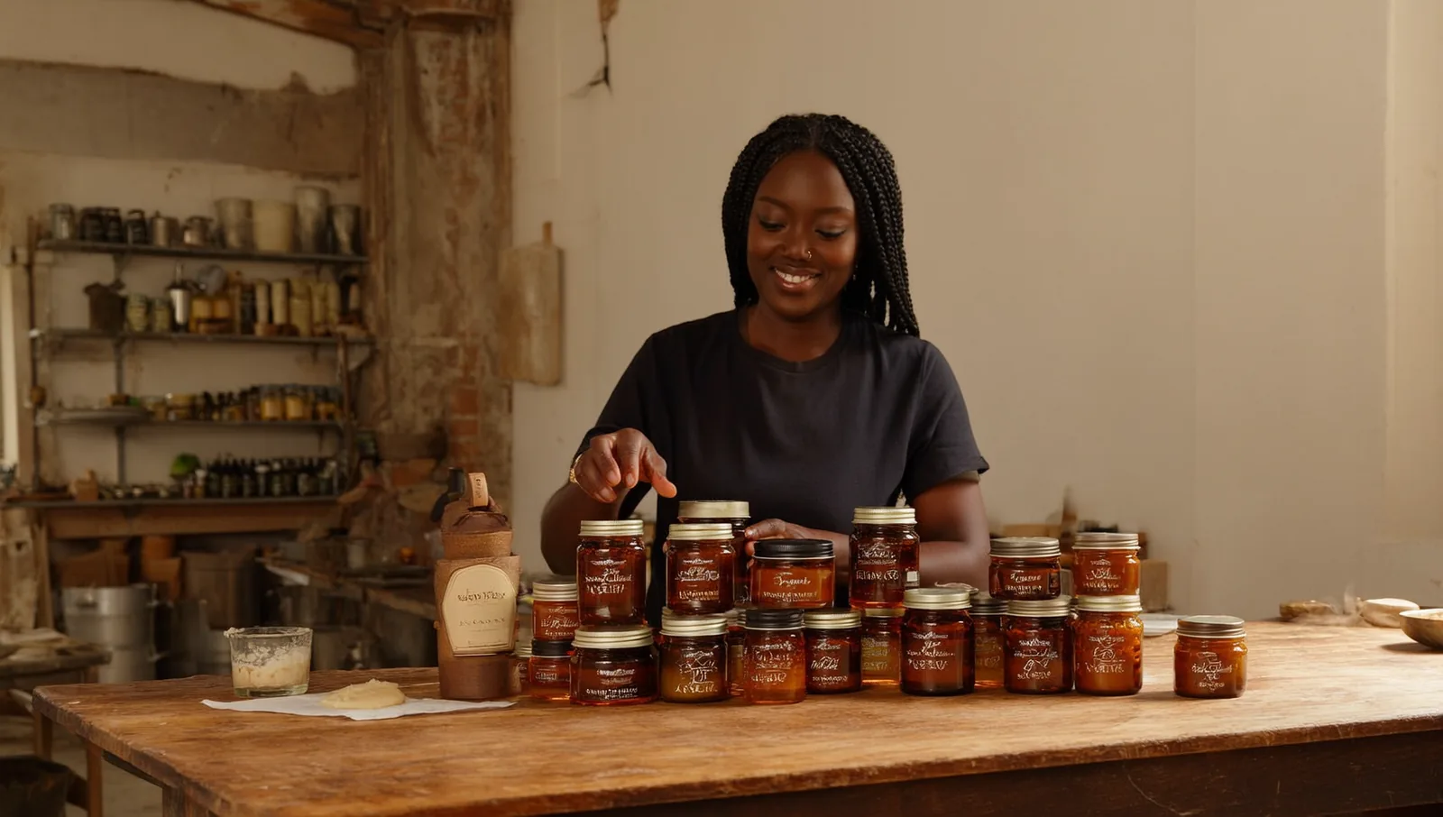 A maker arranges amber glass jars of shea butter and hair cream on a wooden workshop table.