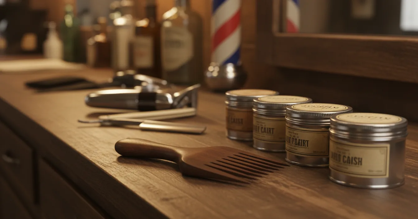 A vintage barbershop counter arranged with a wooden-handled afro pick, hair-care tins, a straight razor, and chrome clippers.