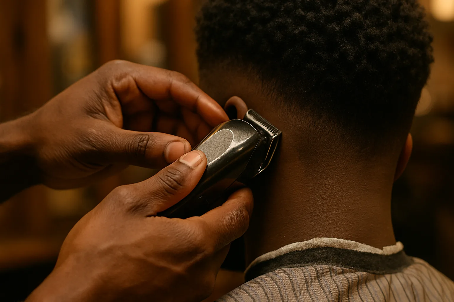 A barber using clippers to shape a clean fade on a client's Type 4 hair, hands and texture in sharp focus