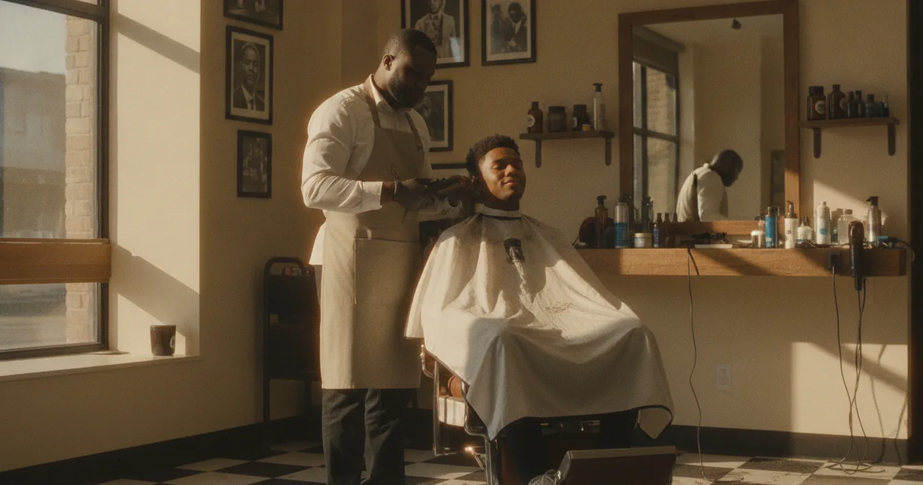 A skilled barber giving a fresh cut in a small, welcoming shop in a rural town.
