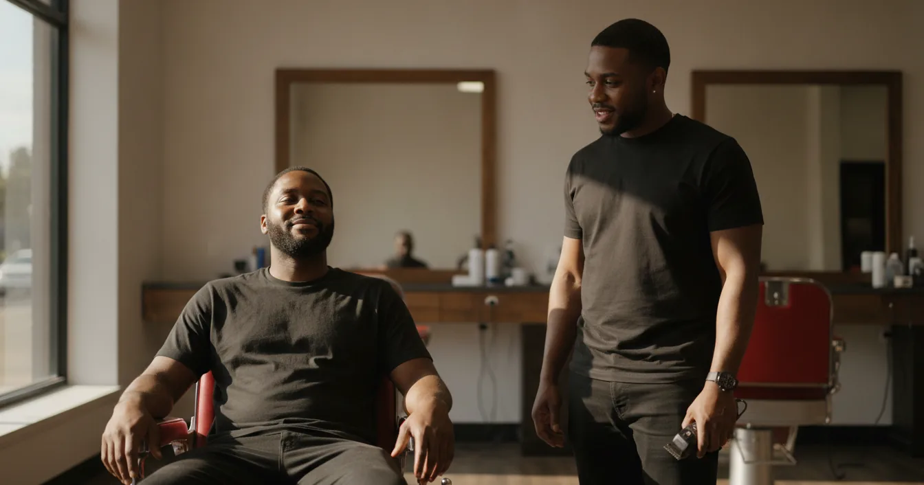 A Black barber holding clippers stands a step away from a relaxed client seated in the chair of a sunlit barbershop.