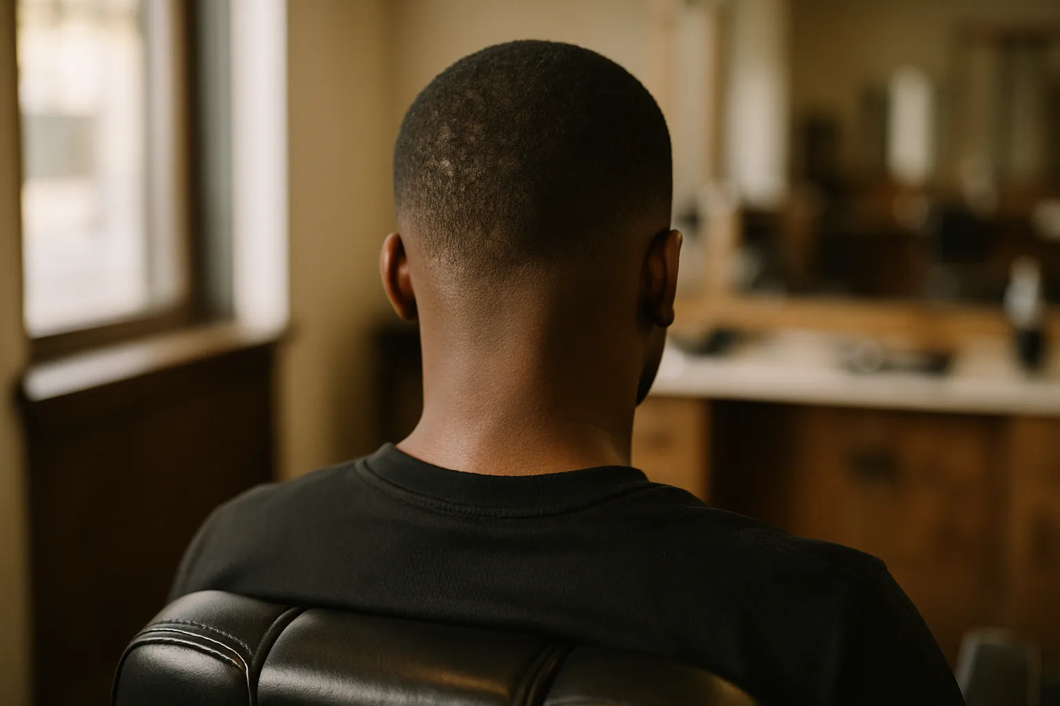 The back of a Black man's head in a barber chair, showing a short tapered cut and the nape line a barber can check at every visit.