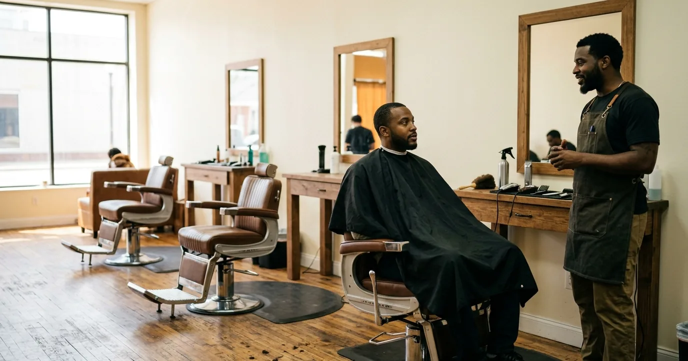 A barber talking with a seated client in a barbershop