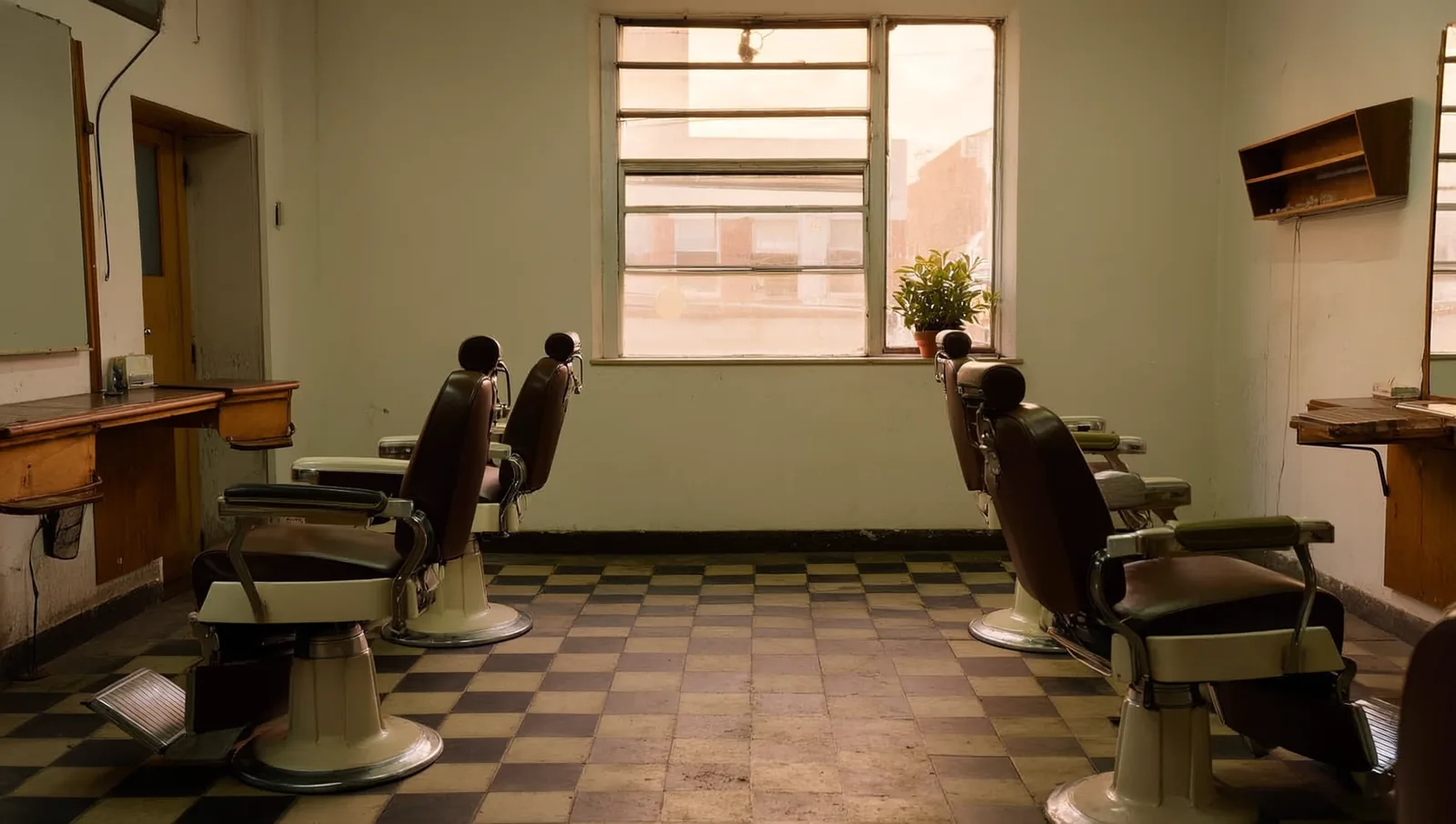 Empty barber chairs in a shop with a checkerboard floor