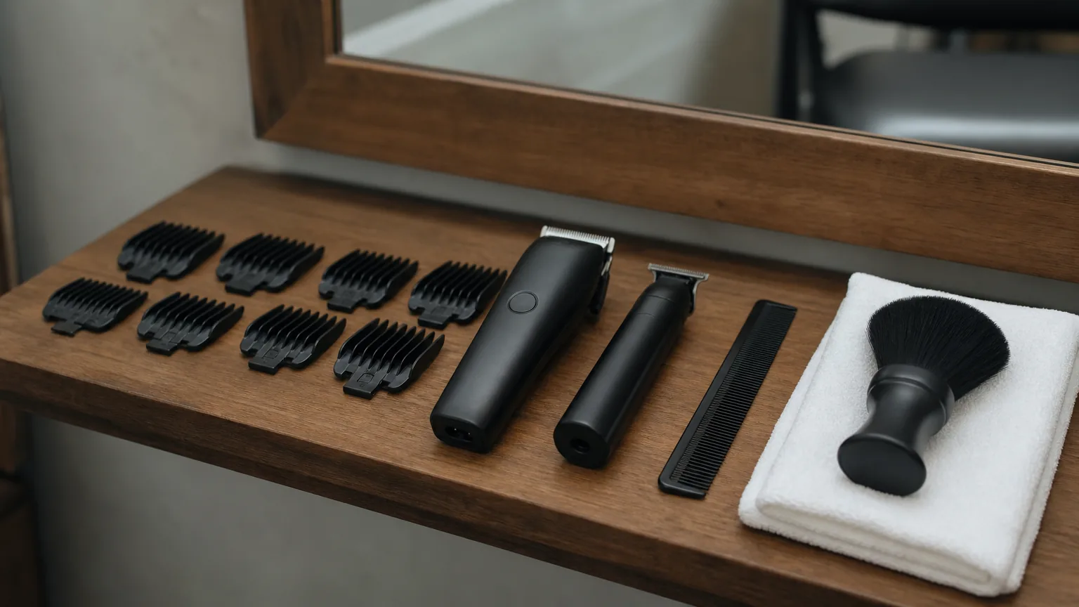 Clipper guard combs, clippers and a comb on a station