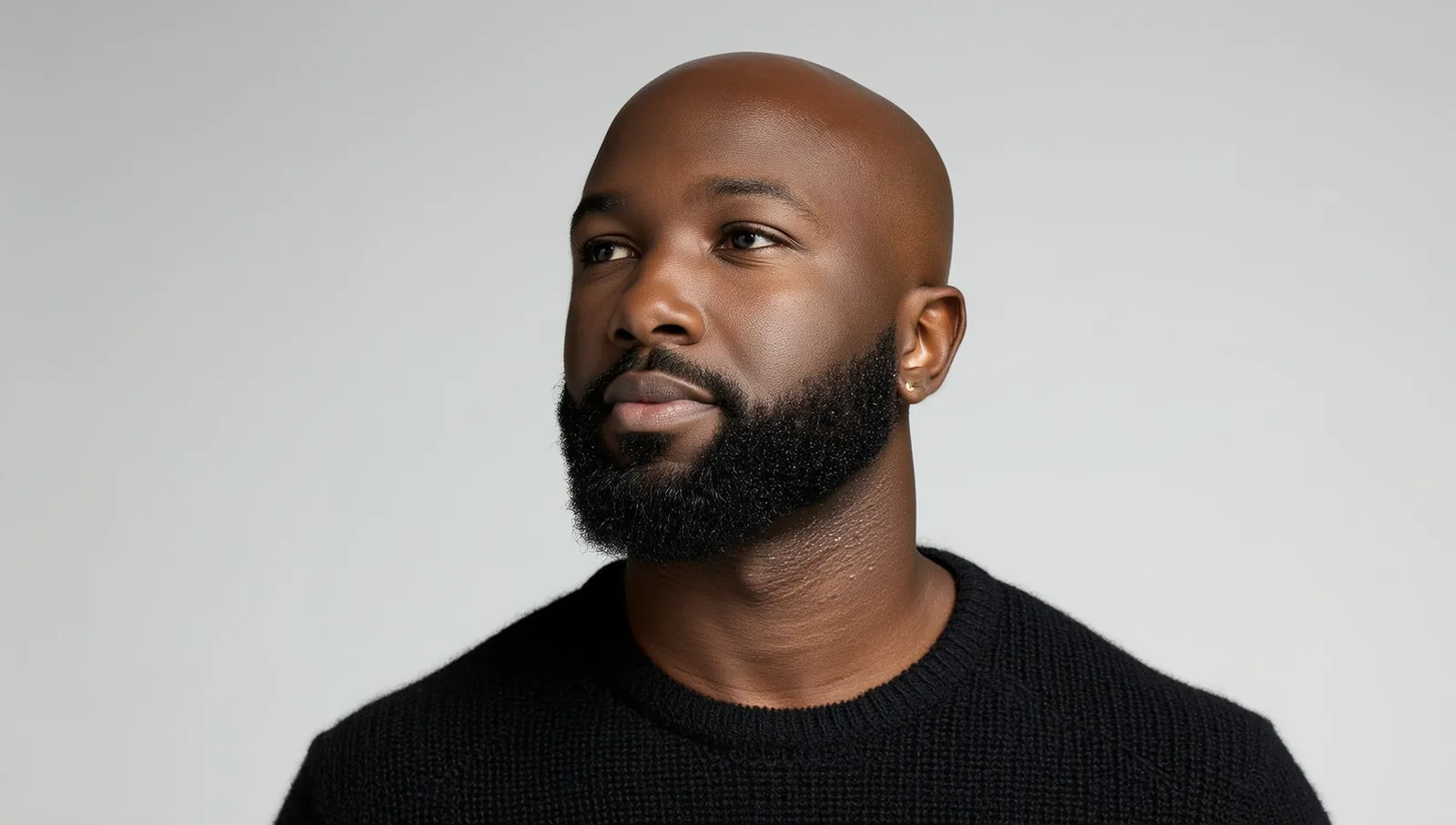 A confident Black man with a clean shaved bald head and a neatly groomed beard.