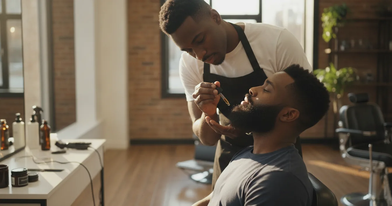 A Black barber applies beard oil to a seated client's beard during a grooming appointment in a modern barbershop.