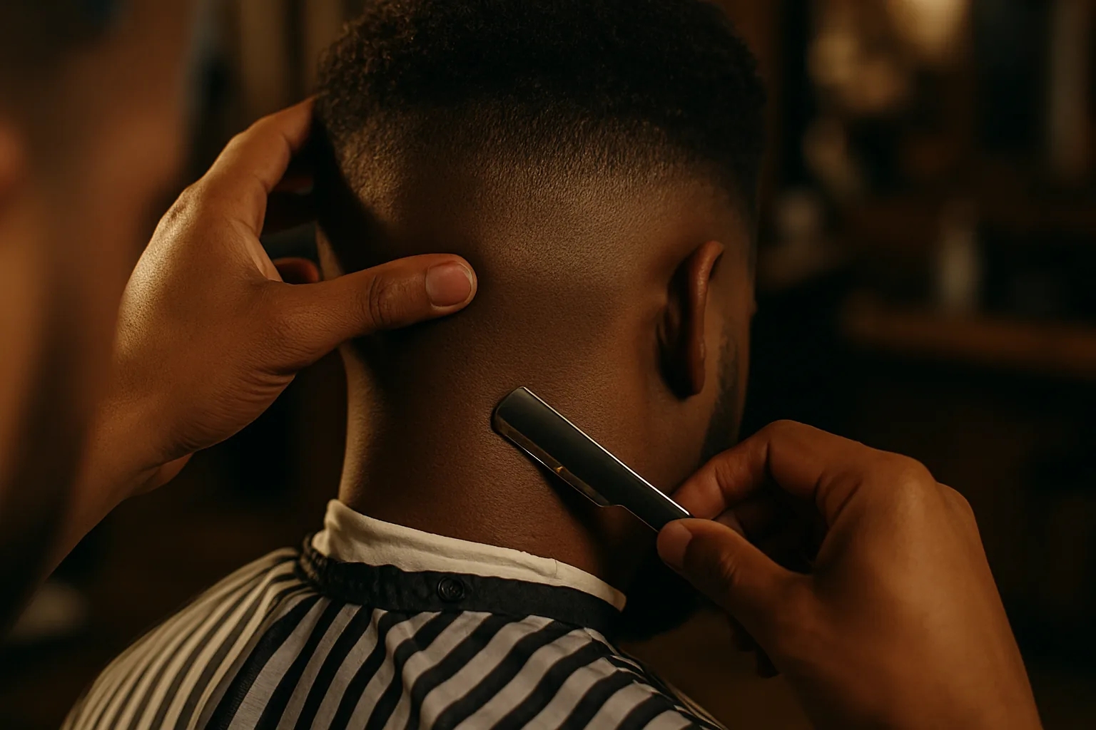 A barber uses a straight razor to clean up the neckline of a Black client's fresh haircut.