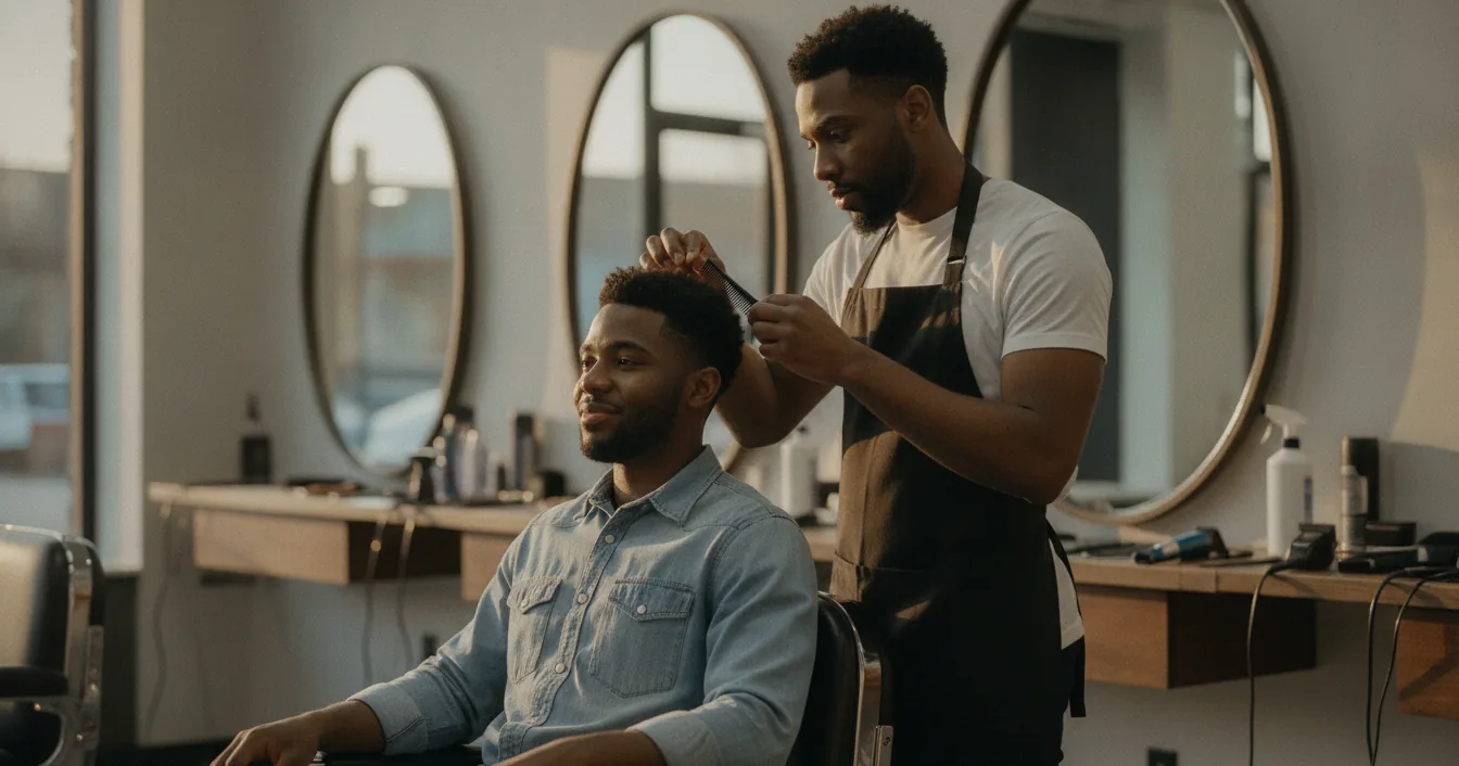 A barber combs through a seated client's hair