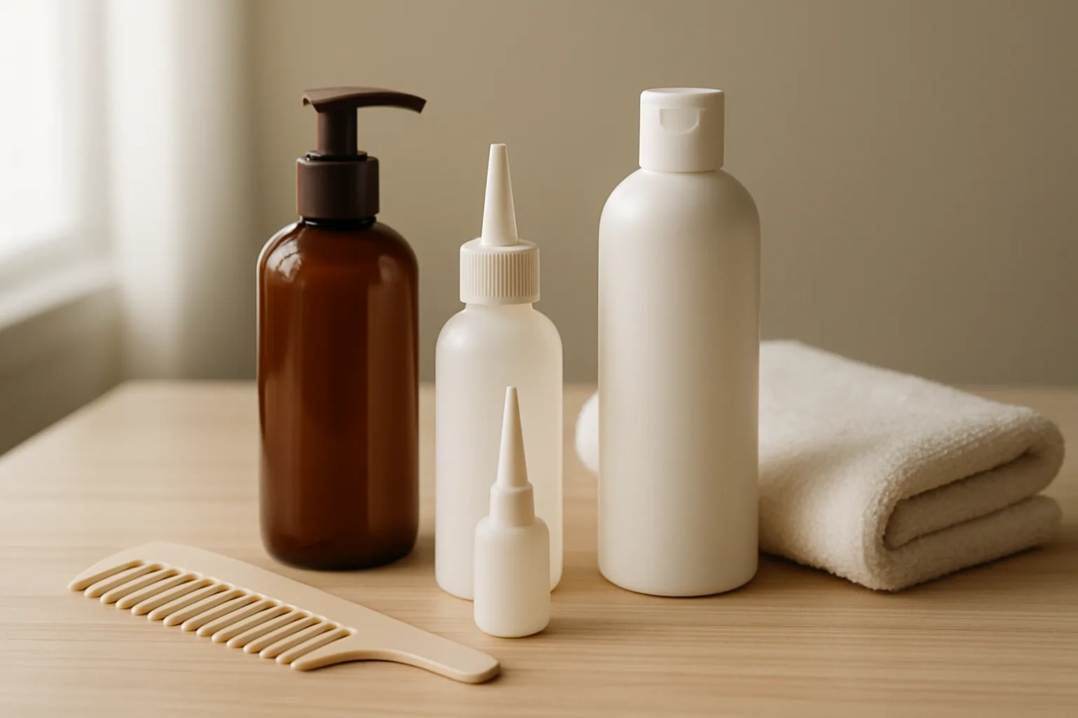 Unlabeled bottles, a comb and a towel on a counter