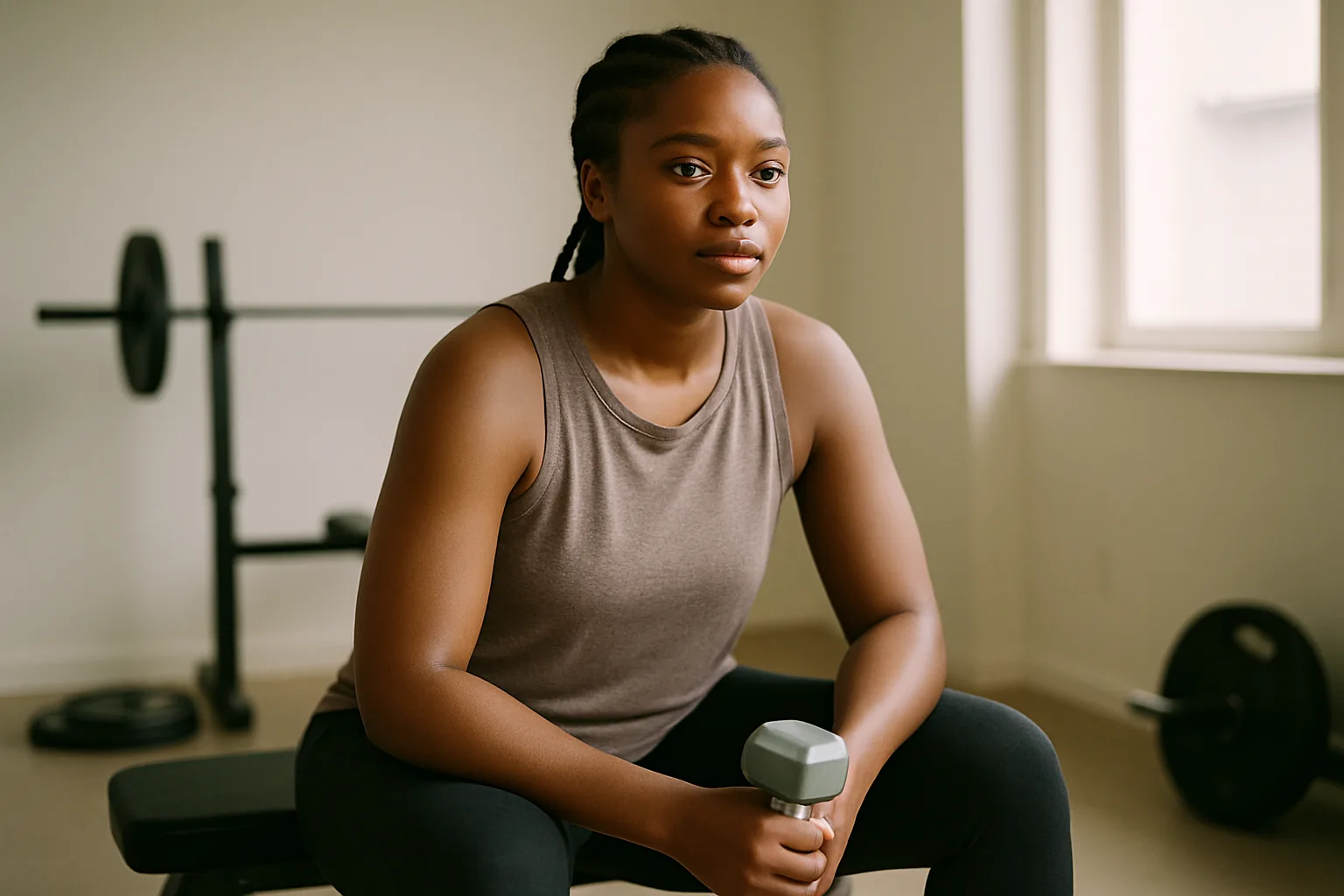 A Black woman with cornrows braided straight back sits on a weight bench in a bright home gym, resting a light dumbbell on her knee between sets.