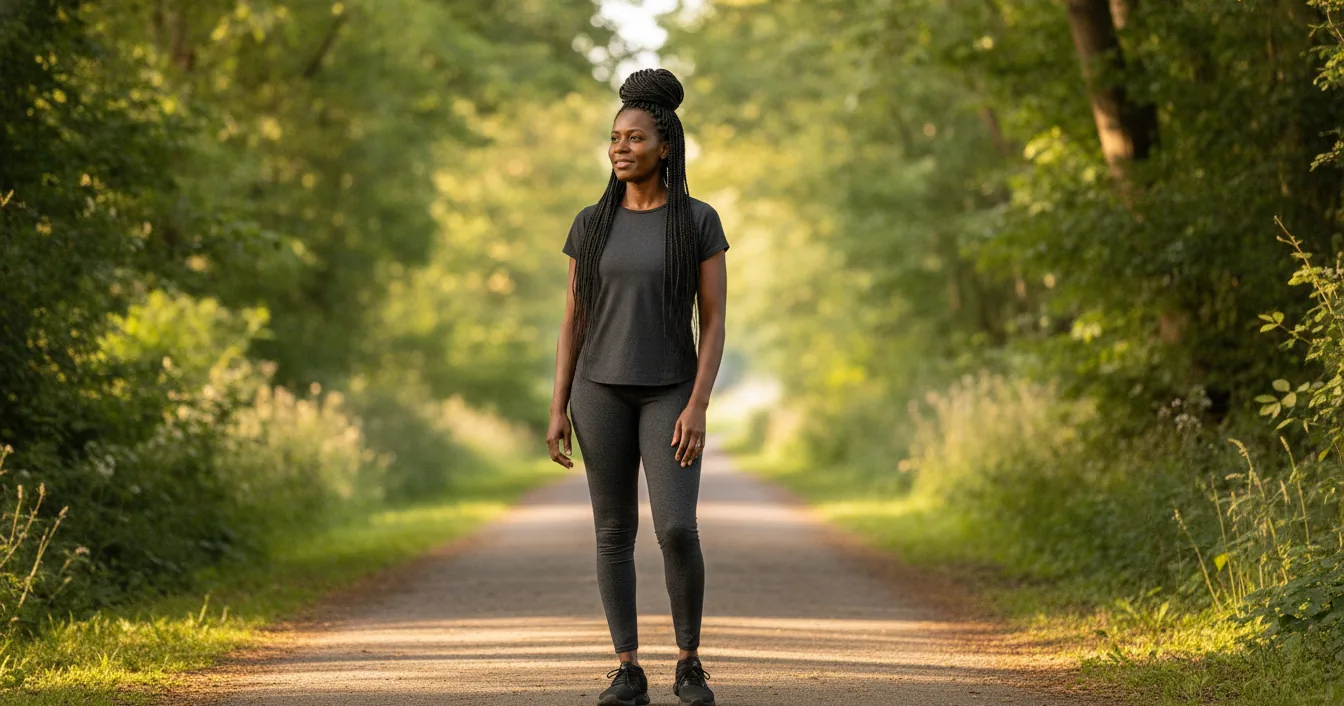 A Black woman with box braids pulled into a high bun stands outdoors after a run, calm and relaxed in the morning light.