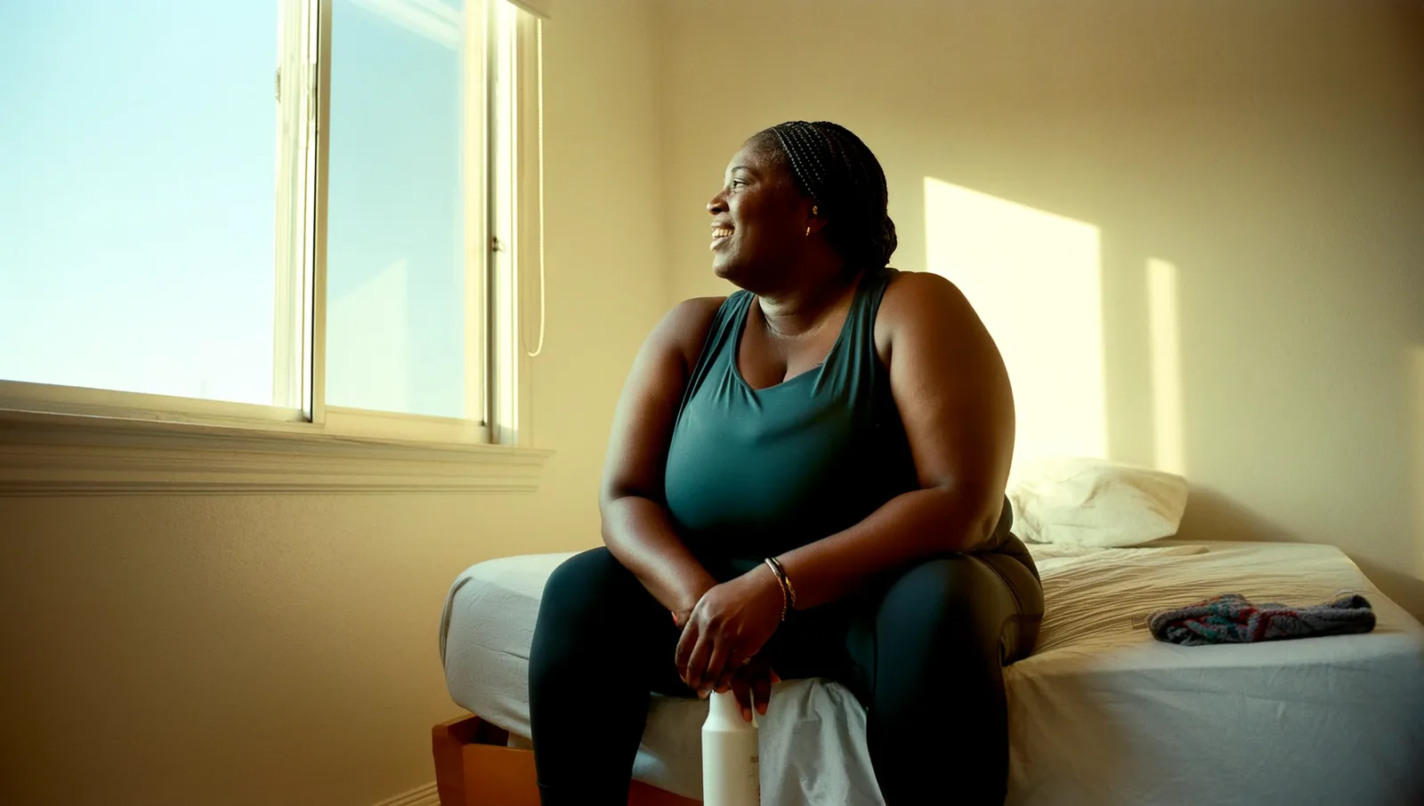 A Black woman with cornrows sits on the edge of a bed after a workout, holding a spray bottle in her lap and smiling toward a sunlit window.