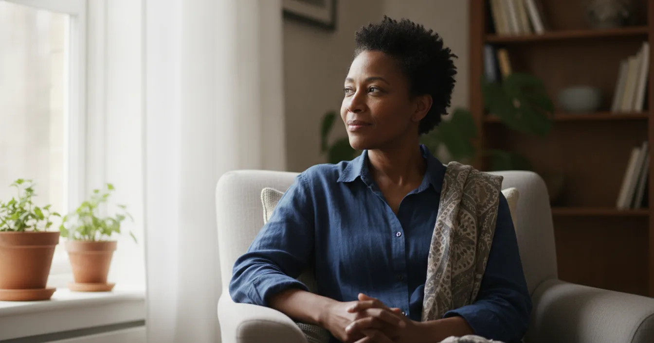 A middle-aged Black woman with short natural hair sits calmly by a window, looking to the side with a serene expression.