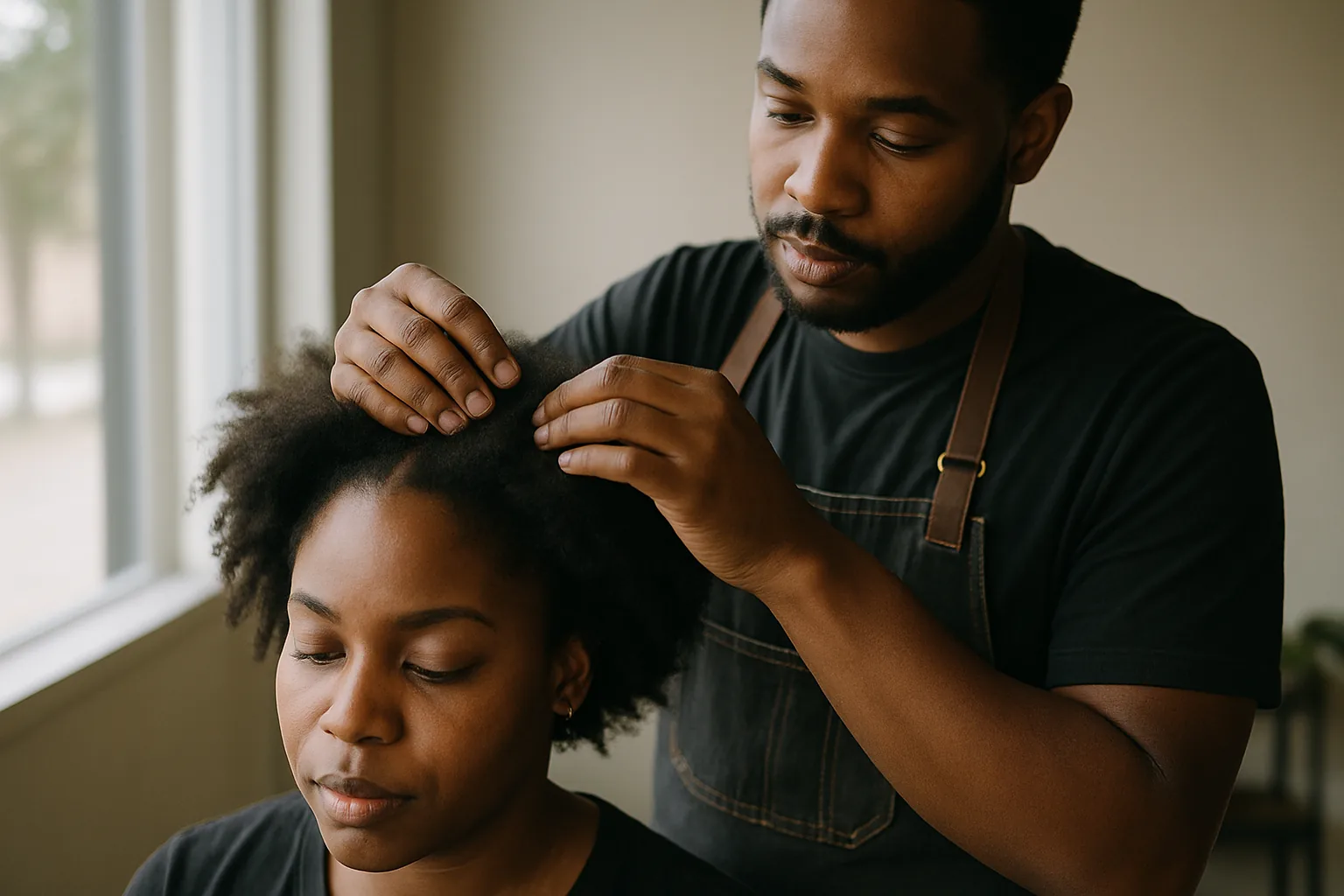 A Black barber gently parts the natural hair at the crown of a seated Black woman client to check her scalp.