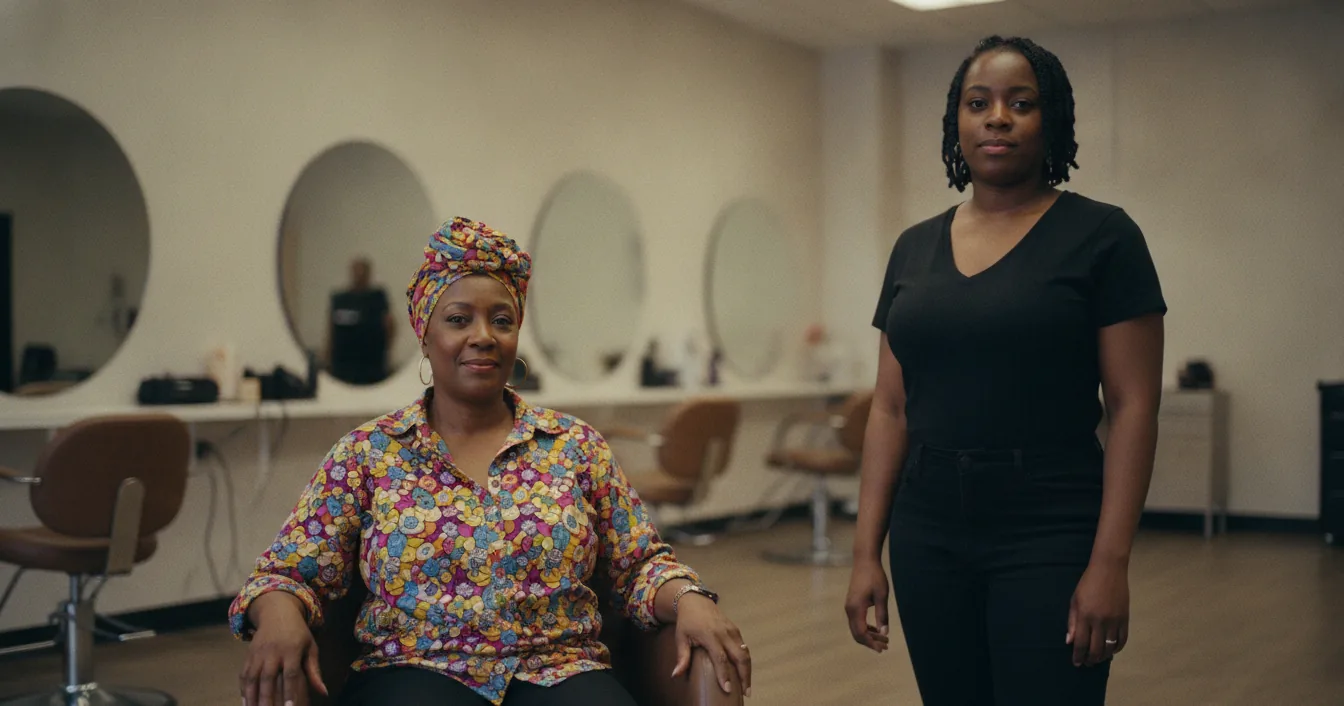 Two women in a salon, one seated in a headwrap