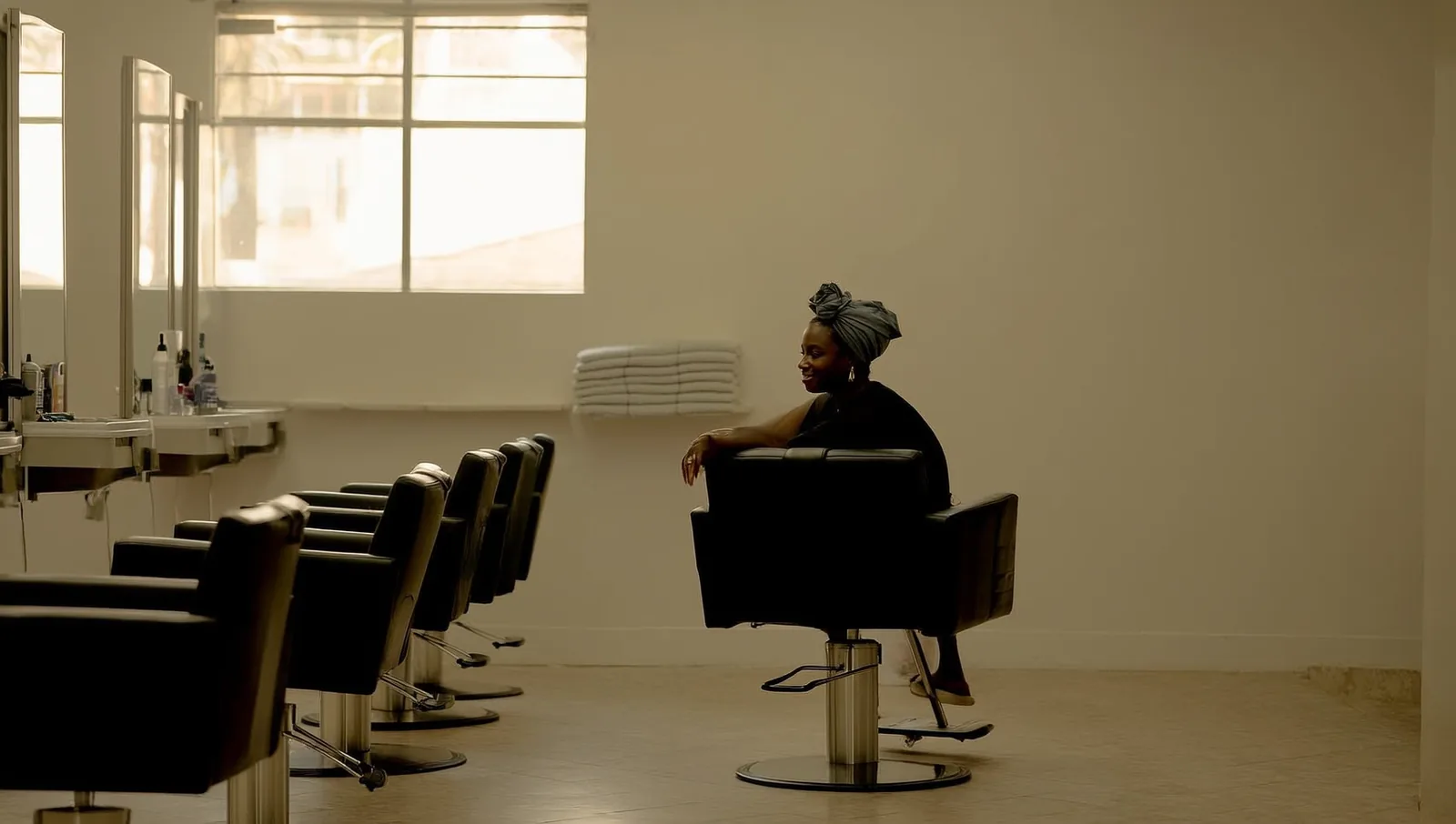 Woman in a headwrap alone in a salon styling chair
