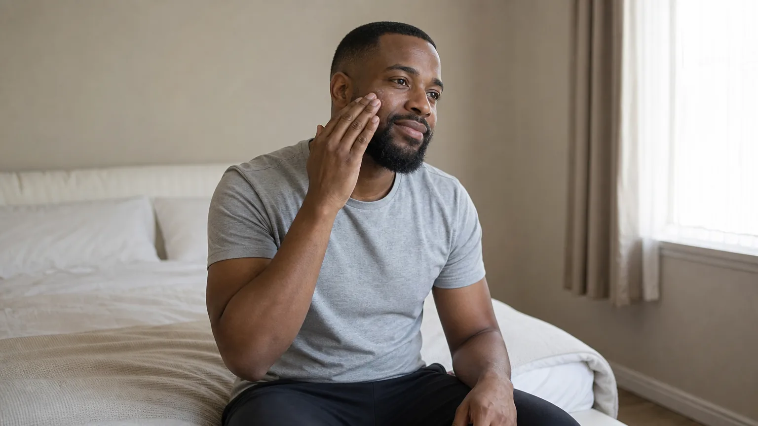 Man rubbing moisturizer into his cheek