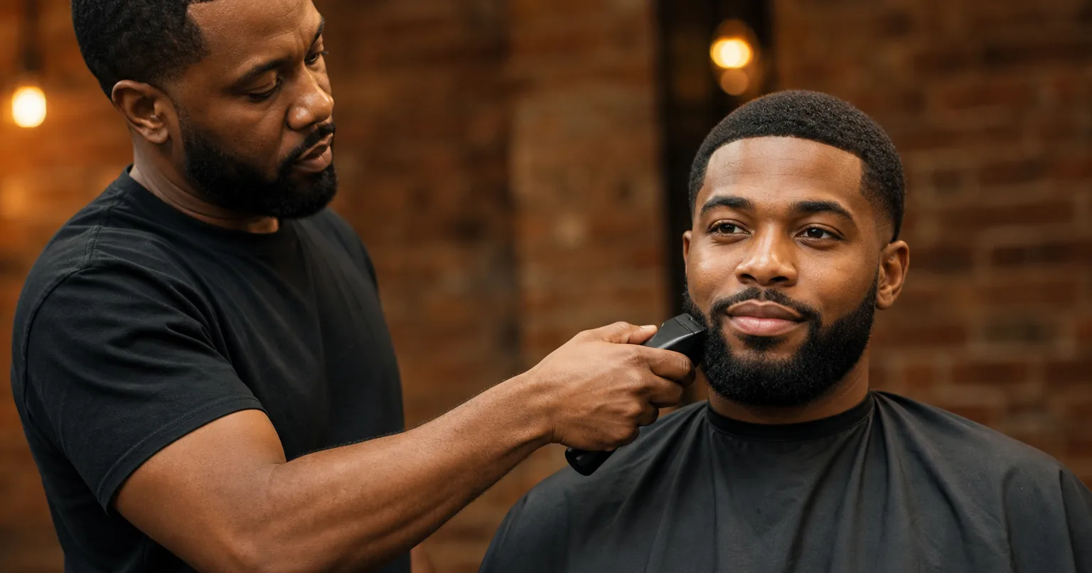 Barber trimming a client's beard line