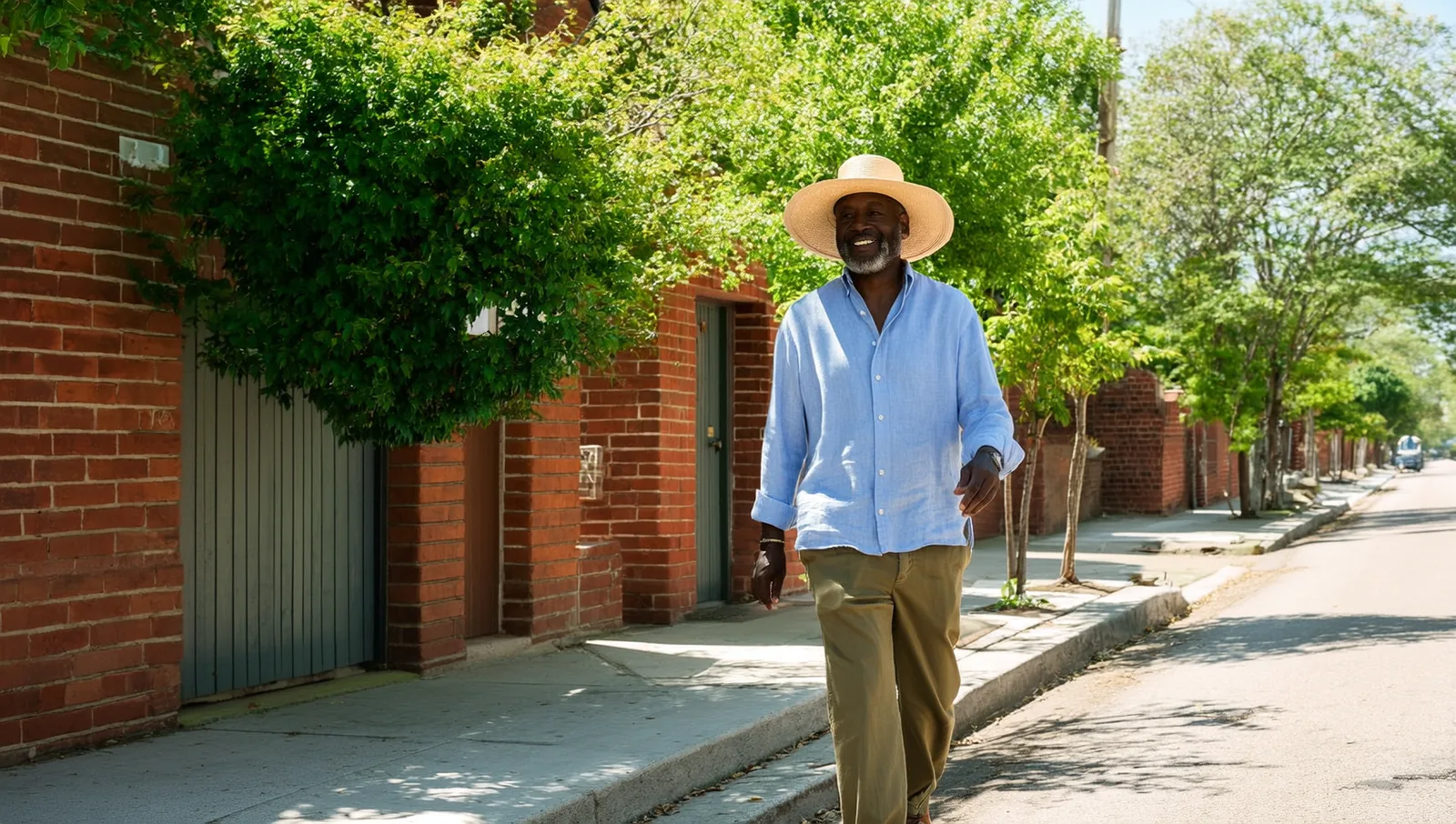 Man in a wide-brimmed hat on a sunny street