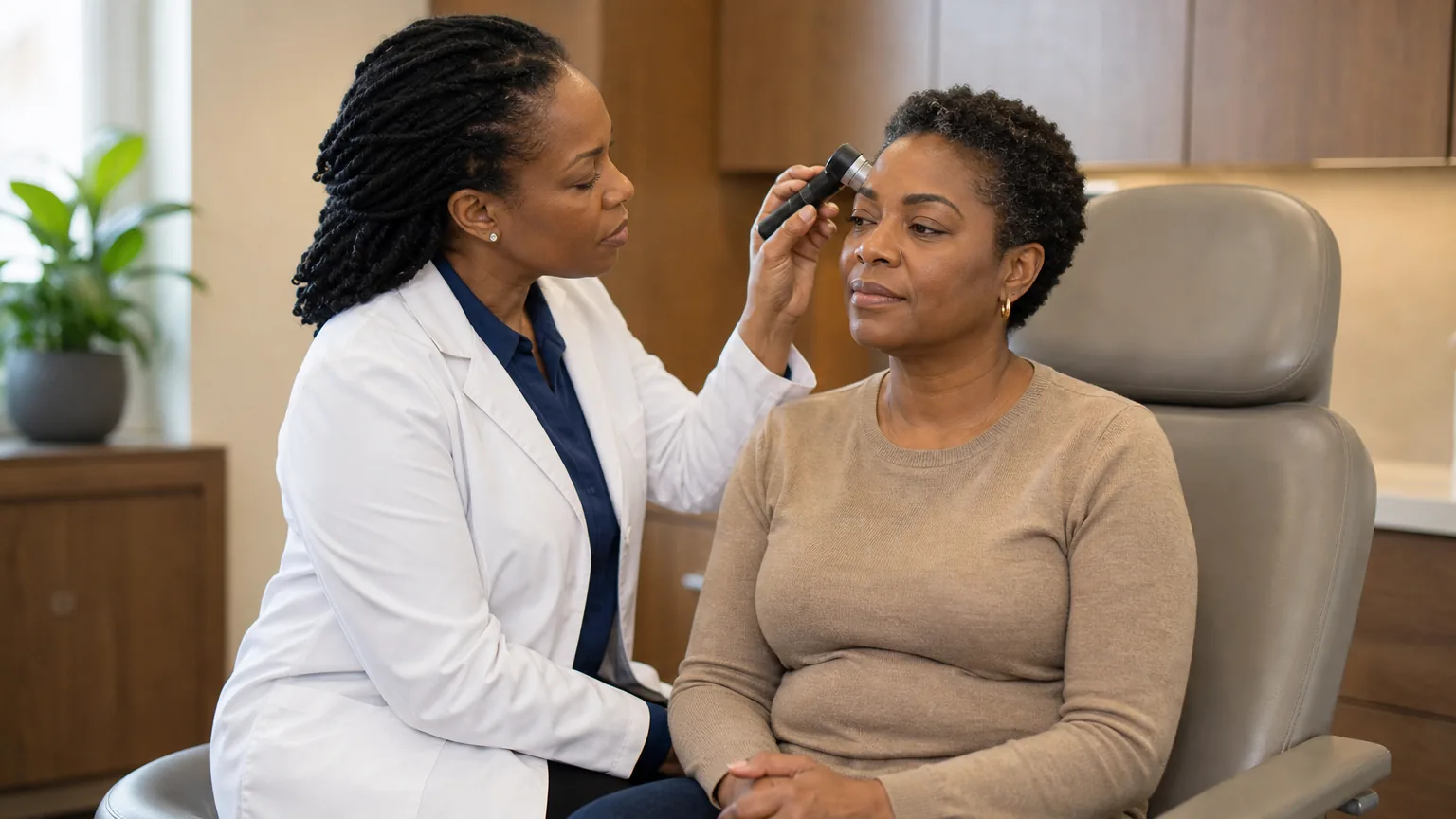 Dermatologist using a dermatoscope at the brow