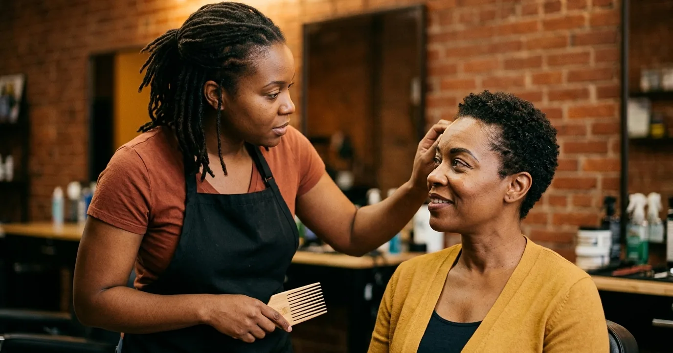 Stylist checking a client's hairline at the temple