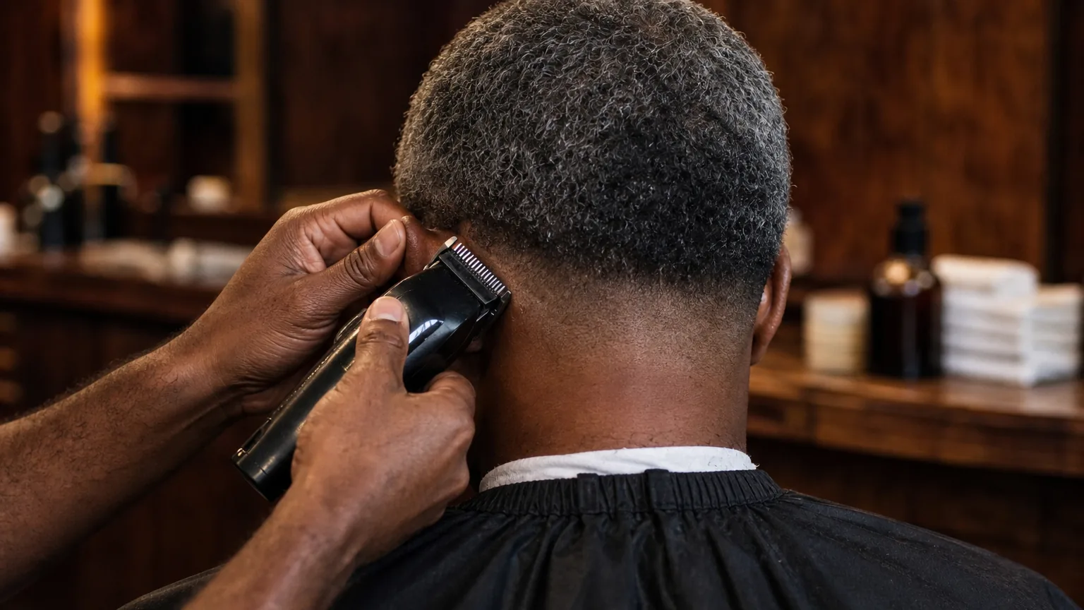 Clippers running through greying hair at the nape