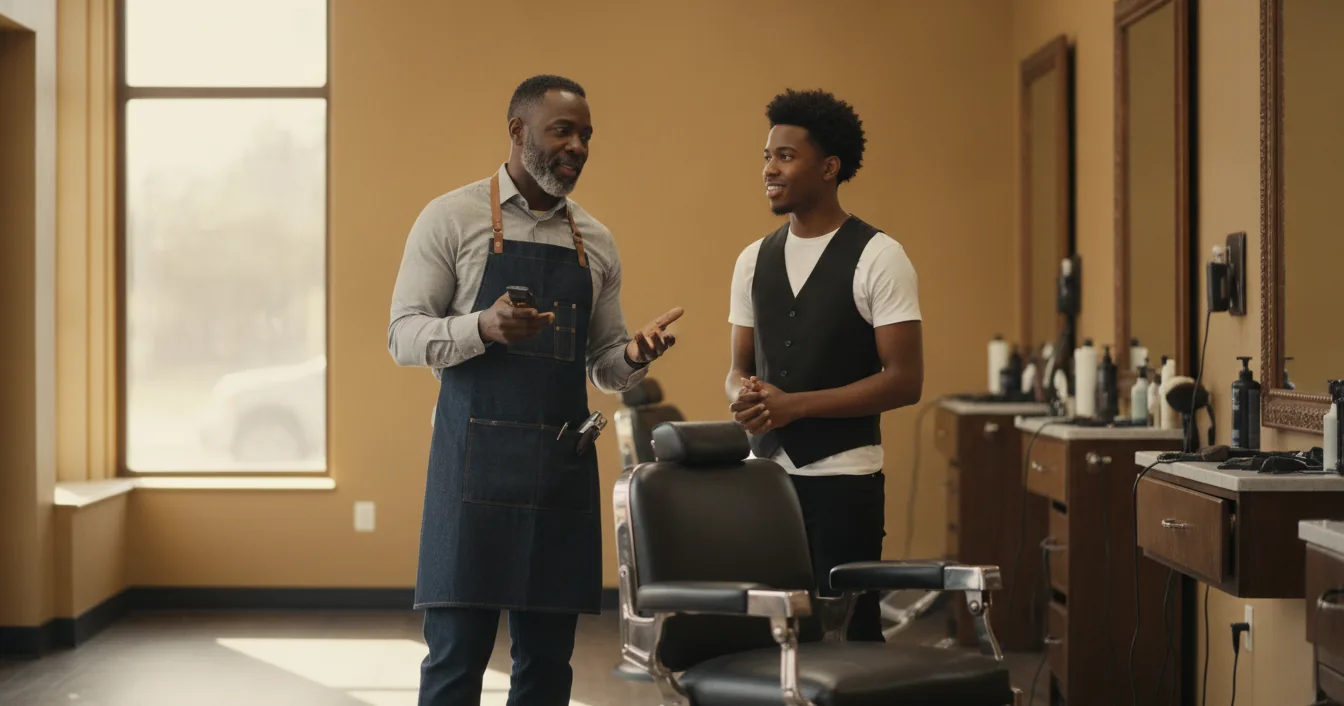 A barber and a young apprentice talking by a barber chair